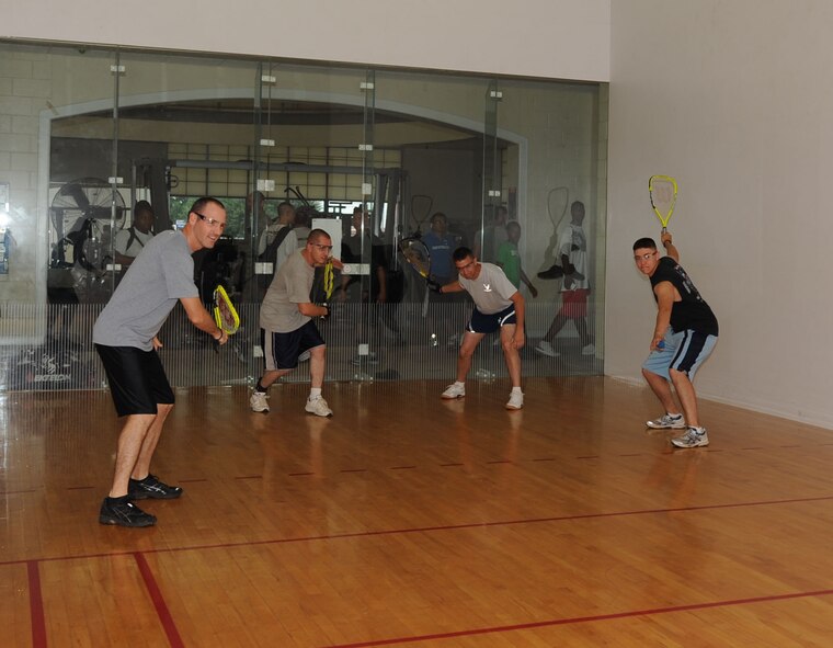BARKSDALE AIR FORCE BASE, La. – Members of the 2d Logistics Readiness Squadron and 2d Civil Engineer Squadron prepare to play racquetball during 2d Bomb Wing Sports Day July 1 before the 4th of July holiday. 2d LRS win this match. Sports Day consists of many team sports such as basketball, flag football, dodge-ball, tug-o-war and many others. (U.S. Air Force photo by Senior Airman Alexandra M. Boutte) (RELEASED)