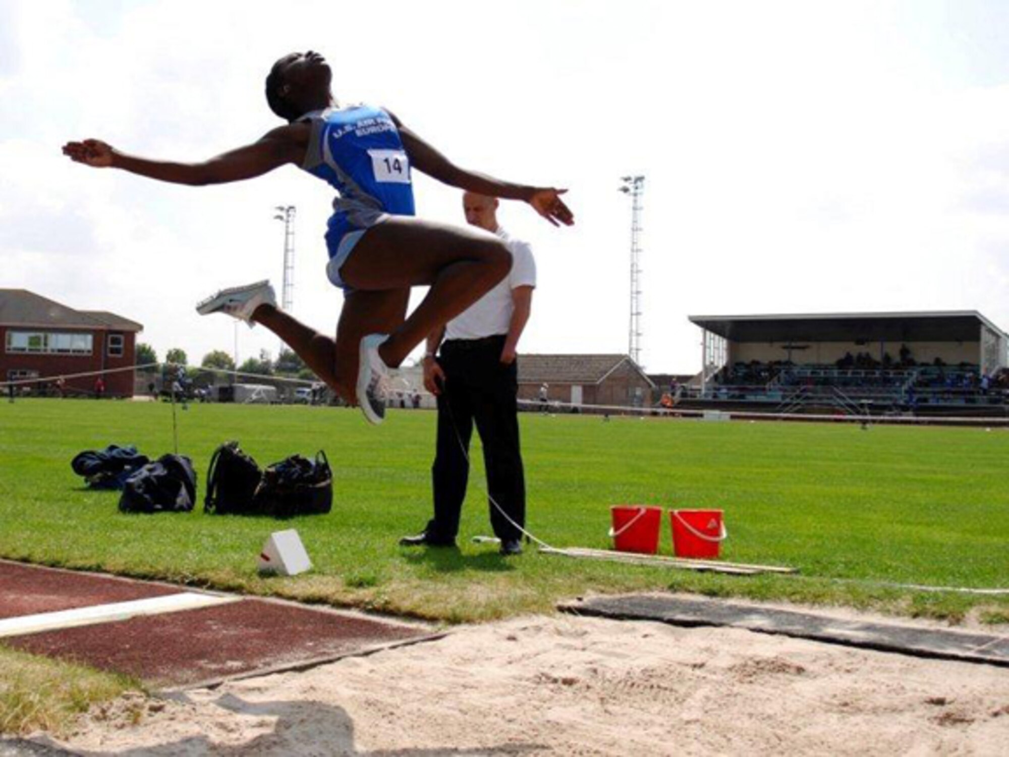 ROYAL AIR FORCE COSFORD, United Kingdom. – Capt. Charlynda Nyenke executes a long jump. She represented the Air Force at the Allied Command Headquarters Ramstein Track and Field Championships in June.  (Courtesy photo)