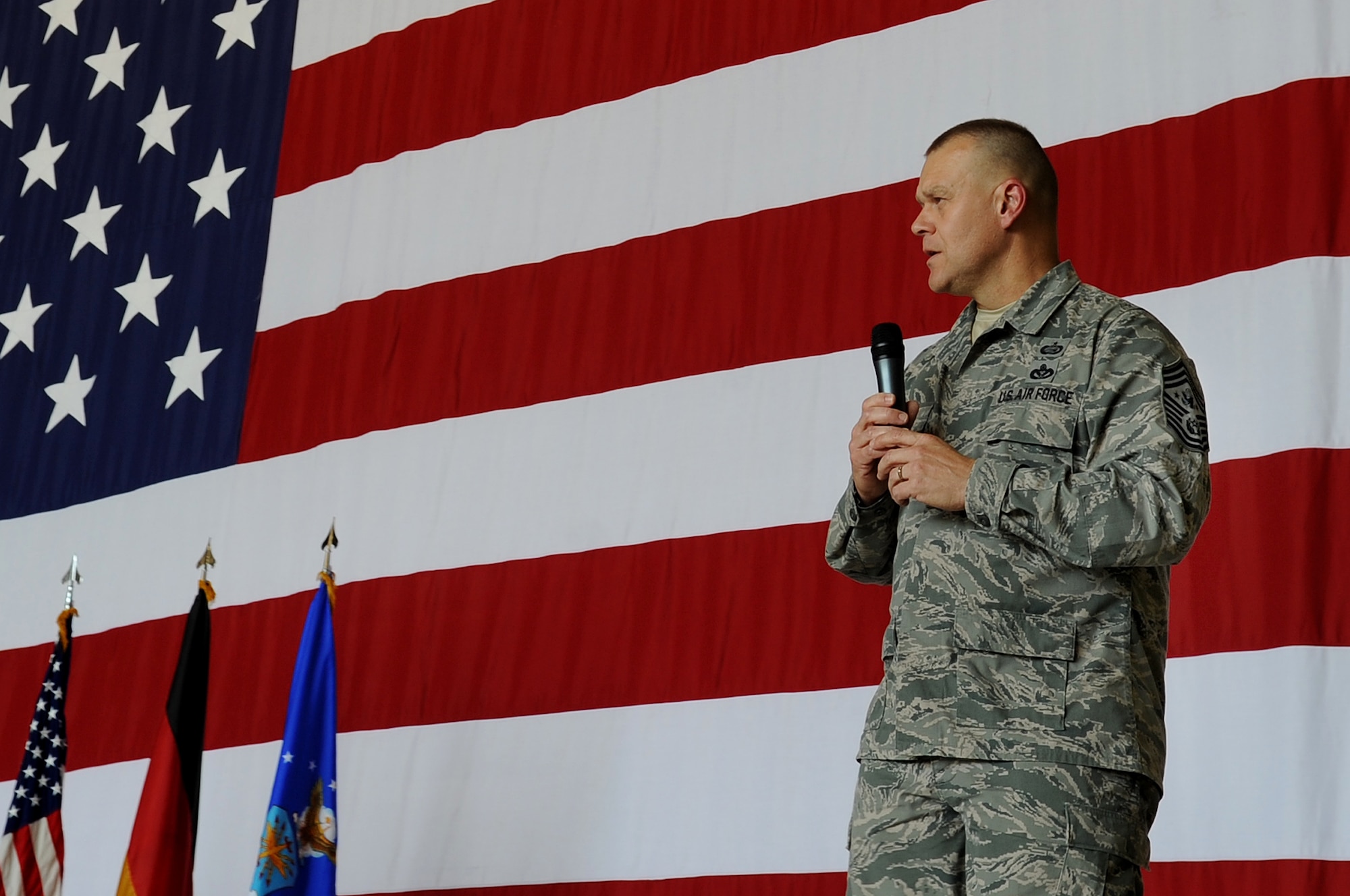Chief Master Sgt. of the Air Force James A. Roy speaks to Airmen during an enlisted call, Ramstein Air Base, Germany, July 7, 2010. The purpose of Chief Roy's visit is to meet Airmen in Germany. Chief Roy visited several squadrons on Ramstein to include the 603rd Air Operations Center, 435th Contingency Response Group and Landstuhl Regional Medical Center. (U.S. Air Force photo by Airman 1st Class Grovert Fuentes-Contreras)(Released)