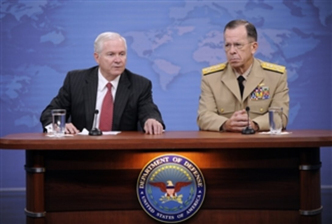 Secretary of Defense Robert M. Gates and Chairman of the Joint Chiefs of Staff Adm. Mike Mullen hold a press conference in the Pentagon in Arlington, Va., on July 8, 2010.  The two briefed and announced the nomination of U.S. Joint Forces Commander Gen. James Mattis, U.S. Marine Corps, as the new Commander of U.S. Central Command.  