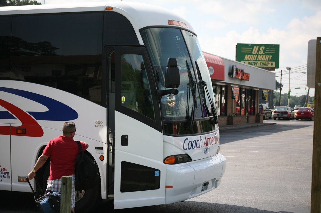 Retired Army Maj. Mathew J. Bailey boards the bus for New Bern Friday morning. The buses that work the line are equipped with satellite TV, WiFi, a bathroom and large storage spaces. They visit each stop four times daily, running one morning route and one evening route from New Bern to Havelock to Morehead City and back.