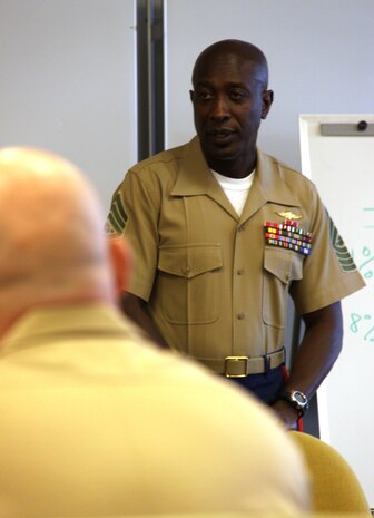 Sgt. Maj. of the Marine Corps Carlton W. Kent visited Recruiting Station Chicago here July 9. Kent spoke to the Marines about quality of life, the operational forces, and the quality job the Marines have done in meeting the 202K goal of the Corps. (U.S. Marine Corps photo by Sgt. George J. Papastrat) (Released)