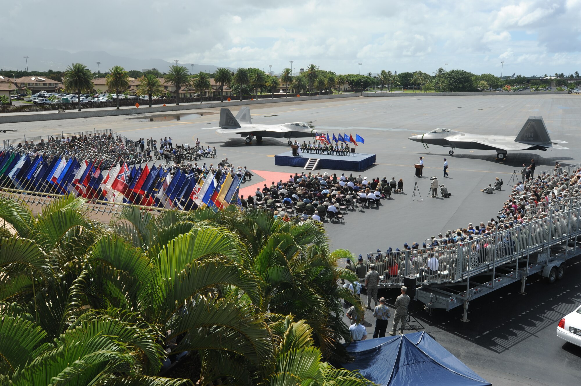The F-22 Arrival Ceremony is held here, July 9. The F-22 Raptor is the Air Force's newest fighter aircraft. Its combination of stealth, supercruise, maneuverability, and integrated avionics, coupled with improved supportability, represents an exponential leap in warfighting capabilities. The ceremony marks the beginning of the partnership between the Hawaii Air National Guard and the active duty Air Force flying the “fifth generation” fighter at Hickam. The F-22 Raptors are assigned to the 199th Fighter Squadron, 154th Wing, Hawaii Air National Guard and the 19th Fighter Squadron, 15th Wing. (U.S. Air Force photo/Senior Airman Gustavo Gonzalez)