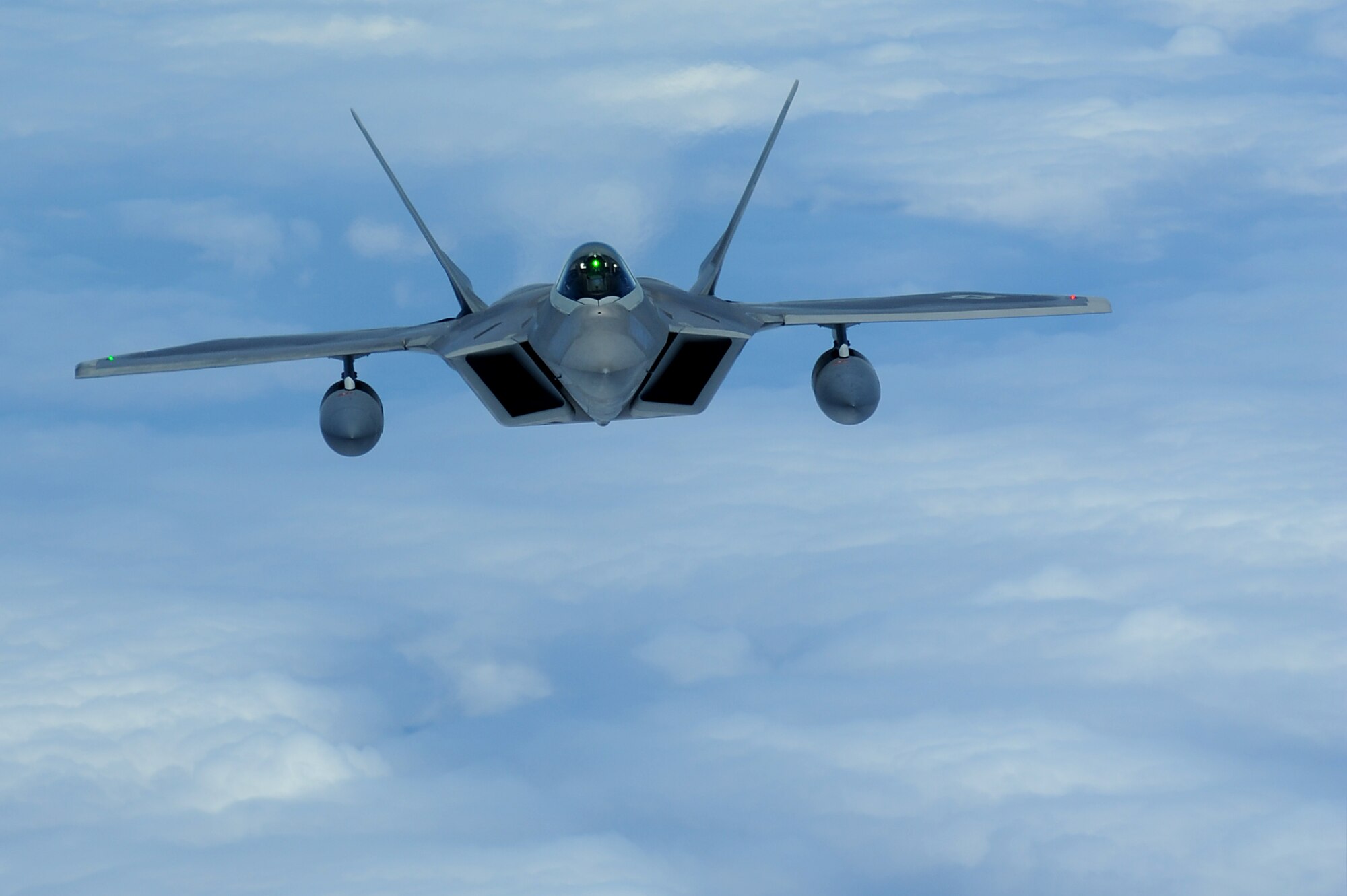 JOINT BASE PEARL HARBOR HICKAM, Hawaii ? An F-22 Raptor flies over the Pacific Ocean on its way to its new home, Joint Base Pearl Harbor Hickam, July 2. The 199th Fighter Squadron of the Hawaii Air National Guard is transitioning from the F-16 and will serve as the only Air National Guard led joint Guard and Active Duty squadron in the Pacific and the second in the U.S. Air Force. (U.S. Air Force photo/Senior Airman Gustavo Gonzalez)