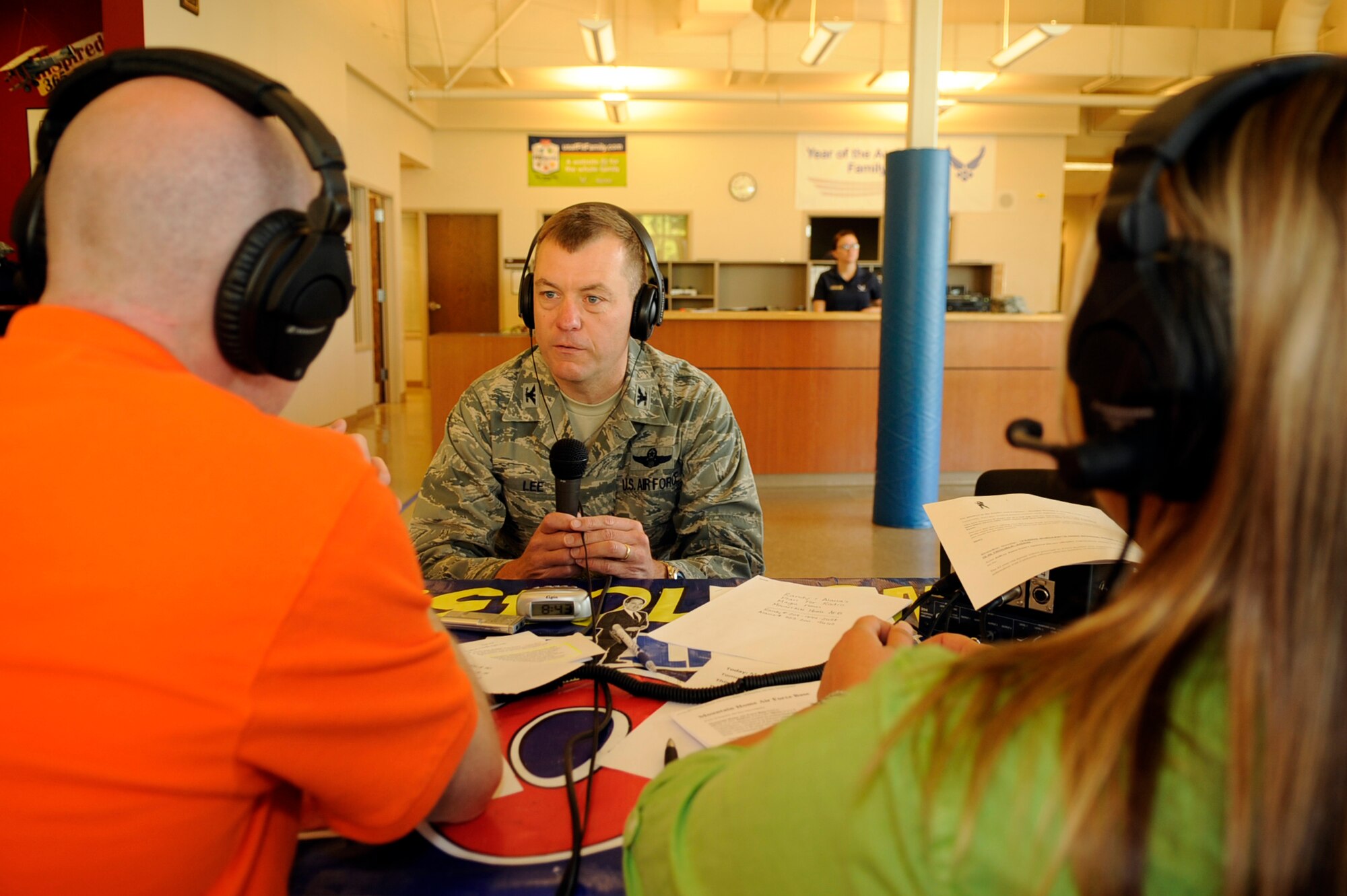 Vice Wing Commander, Col. Peter Lee, 366th Fighter Wing, speaks with speaks with Randy and Alana as the last interview of the day for the WOW 104.3 Randy & Alana Show during a live radio broadcast from the fitness center here 1 July.  The talk show hosts interviewed a mixture of officers, enlisted Airmen and civilians of the base during their broadcast.  Topics focused on why our Airmen joined the Air Force, what they did in their current jobs, their deployment experiences and how life in the Air Force affects families both at home and deployed.  (U.S. Air Force photo by Airman 1st Class Angelina Drake)