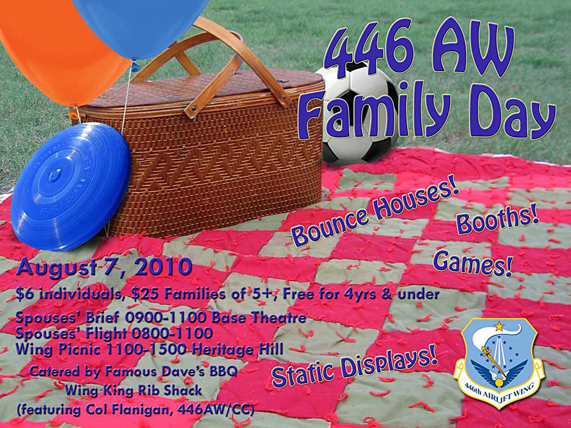 The 446th Airlift Wing Family Day is Aug. 7 on Heritage Hill at Joint Base Lewis-McChord, McChord Field. (U.S. Air Force graphic)