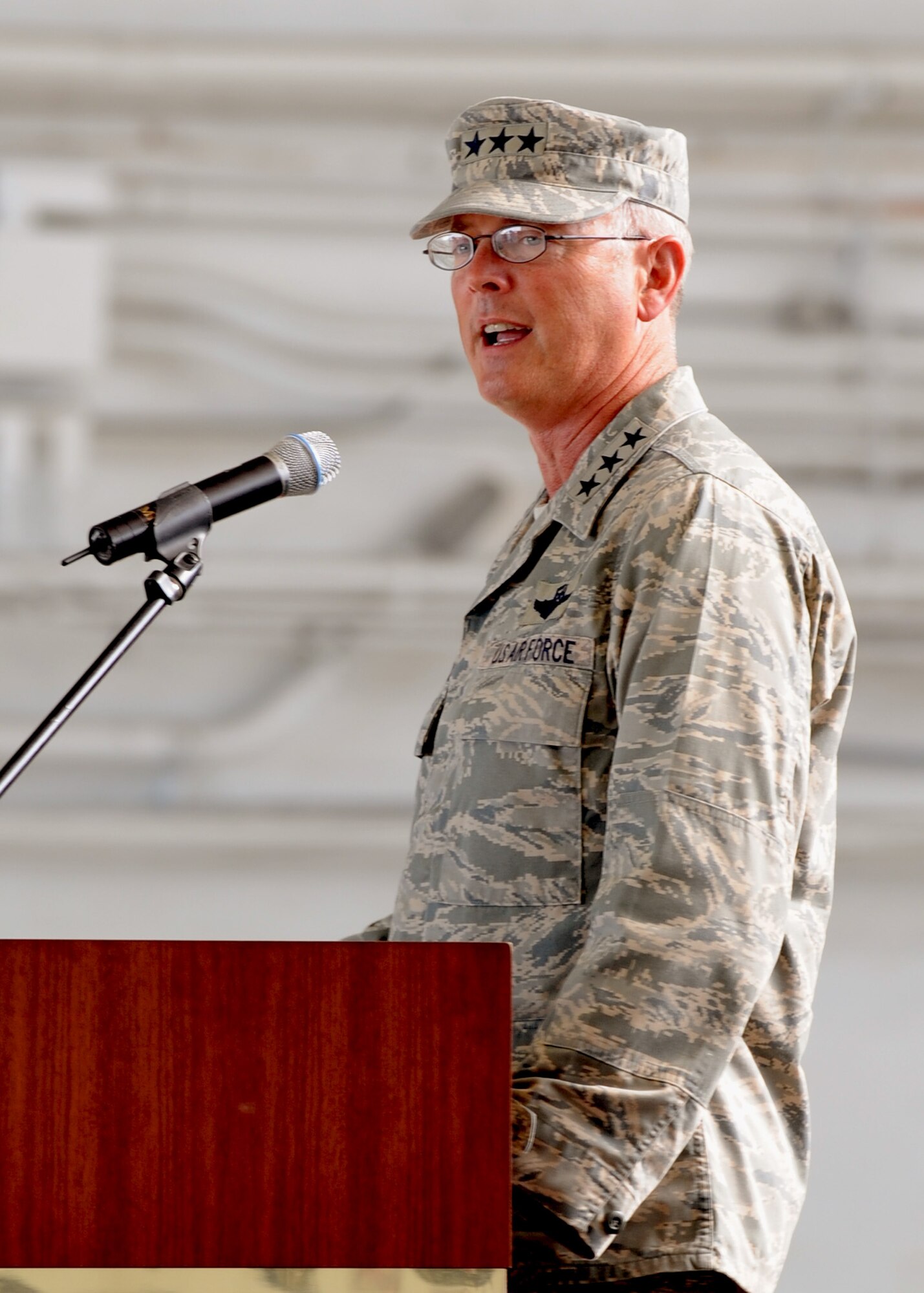Lt. Gen. Robert R. Allardice, 18th Air Force Commander, speaks during the 6th Air Mobility Wing change of command ceremony at MacDill Air Force Base, July 9, 2010. Col. Lenny J. Richoux assumed command of the 6th Air Mobility Wing from Col Larry Martin. 
(U.S. Air Force photo by TSgt Tanika Belfield/Released)
