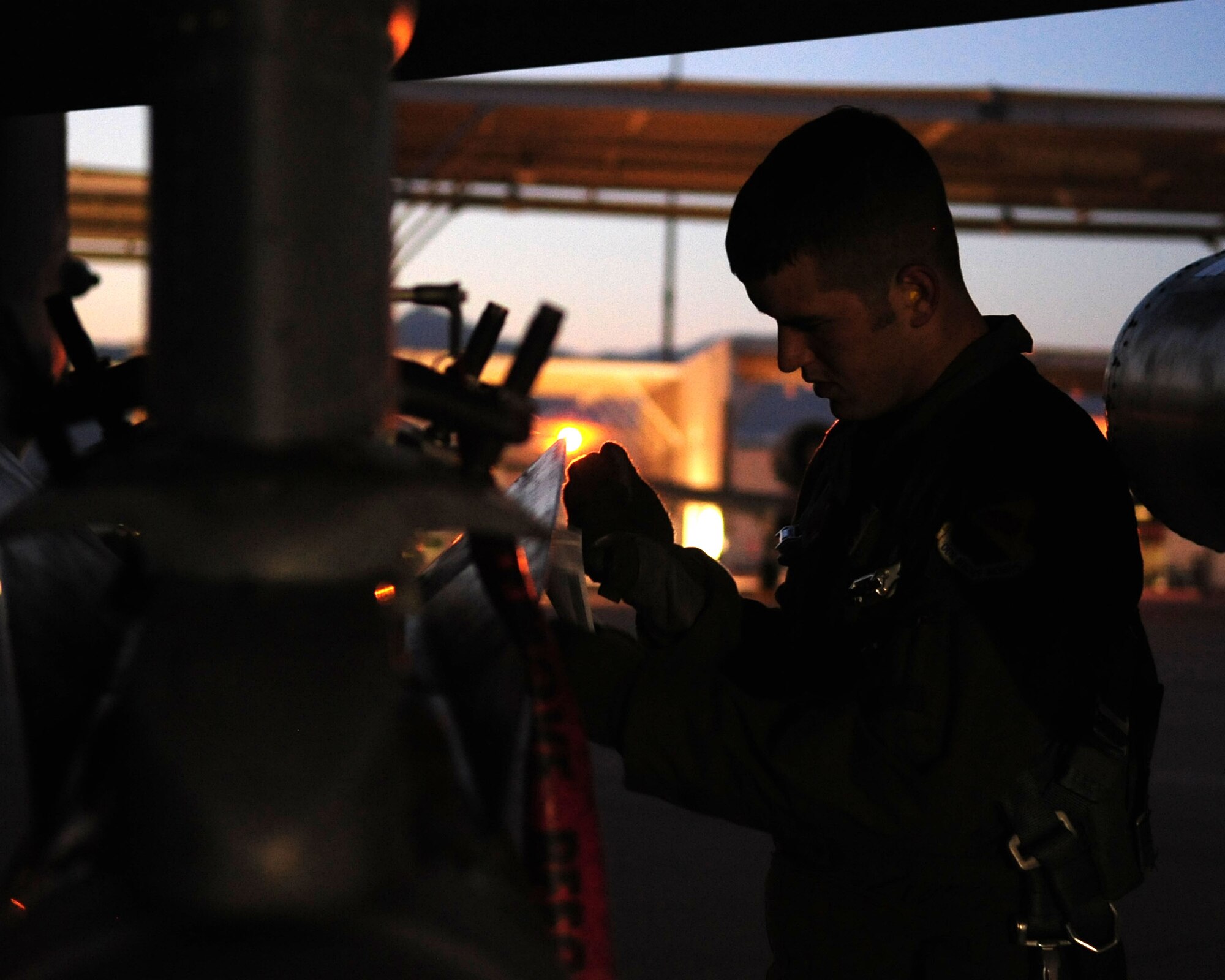Prior to his flight June 23, 1st Lt. Dan Griffin, a pilot from the 358th Fighter Squadron, inspects his A-10C aircraft. This was the lieutenant’s second of eight night flying missions as part of the A-10C Pilot Initial Qualification course curriculum. Upon completion of this course he will be a fully qualified A-10C pilot. To learn more about his journey through the course, check out “Behind the Scenes: The Making of an A-10C Pilot” at www.dm.af.mil. (U.S. Air Force photo/Airman 1st Class Jerilyn Quintanilla)