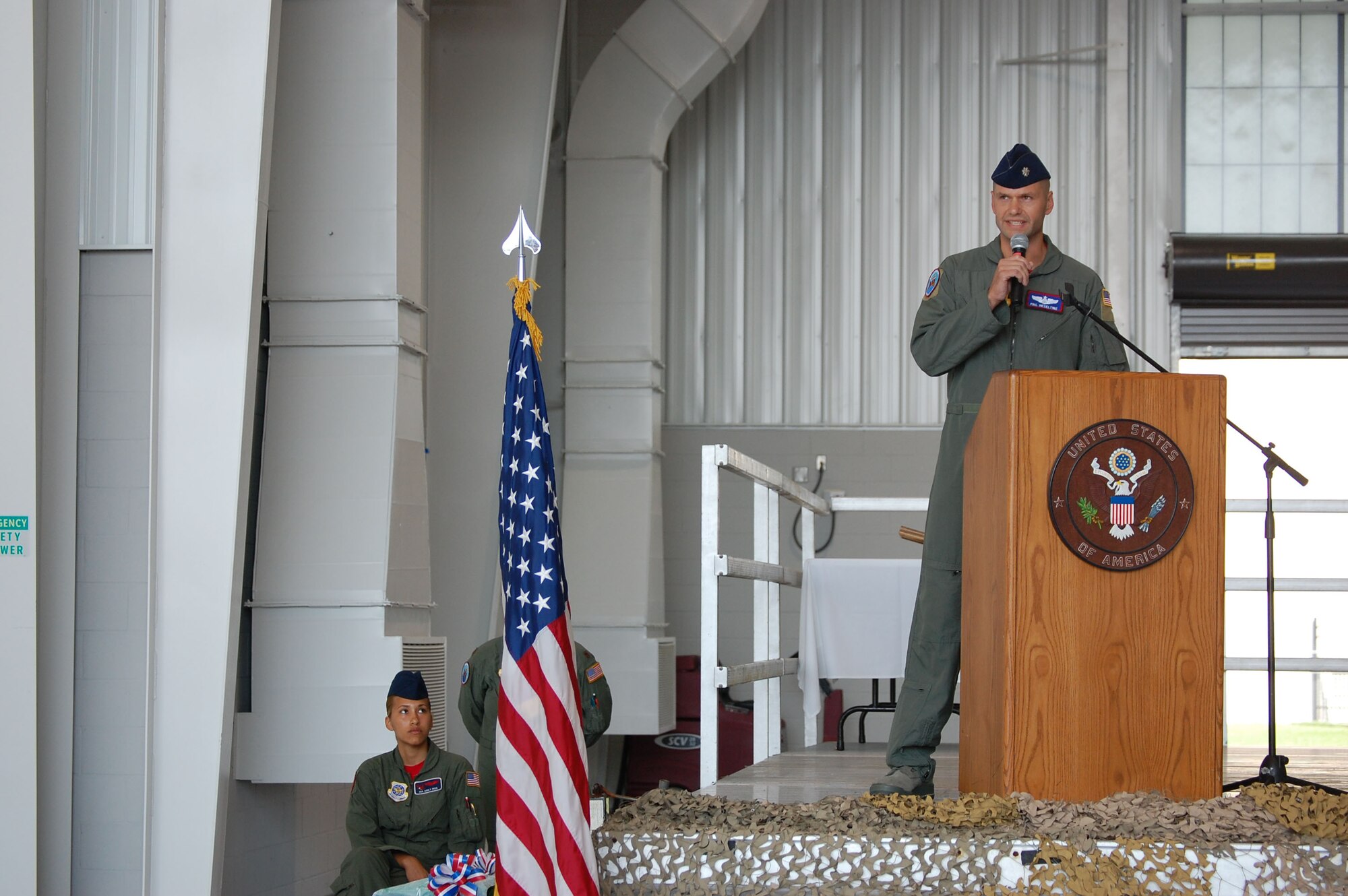 Lt. Col. Bruce Heseltine addresses the crowd gathered during the 911th Air Refueling Squadron Change of Command Ceremony. (USAF photo by SSgt. Terrica Jones, 916ARW/PA)