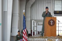 Lt. Col. Bruce Heseltine addresses the crowd gathered during the 911th Air Refueling Squadron Change of Command Ceremony. (USAF photo by SSgt. Terrica Jones, 916ARW/PA)