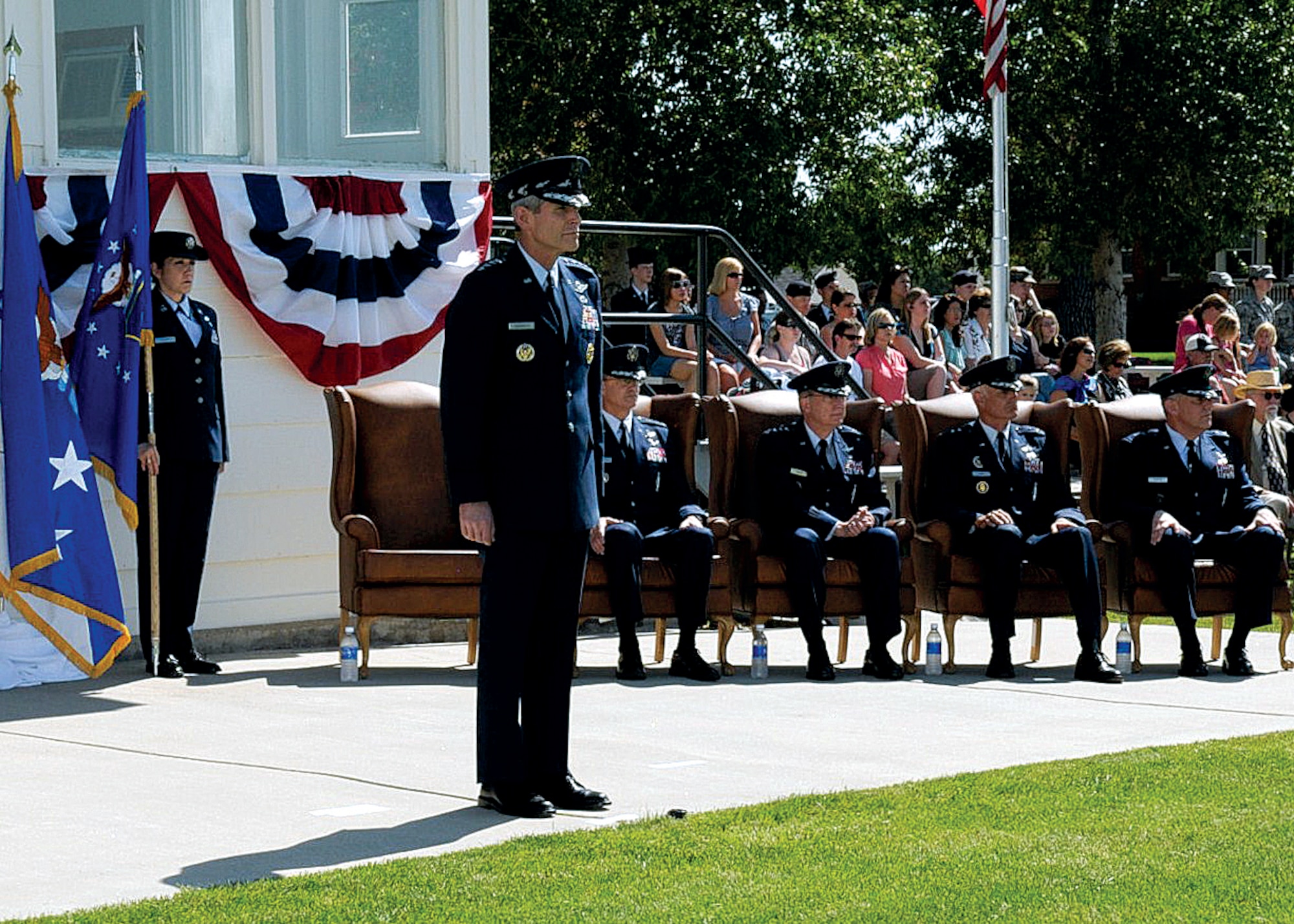 Gen. Norton A. Schwartz, Air Force Chief of Staff, stands at attention during the 20th Air Force change-of-command ceremony held on the Argonne Parade Field on July 1. A total of 57 stars, comprised of active duty and retired generals, were at the change of command ceremony to see Maj. Gen. C. Donald Alston assume command of the 20th AF. (U.S. Air Force photo by Gerald Teano)