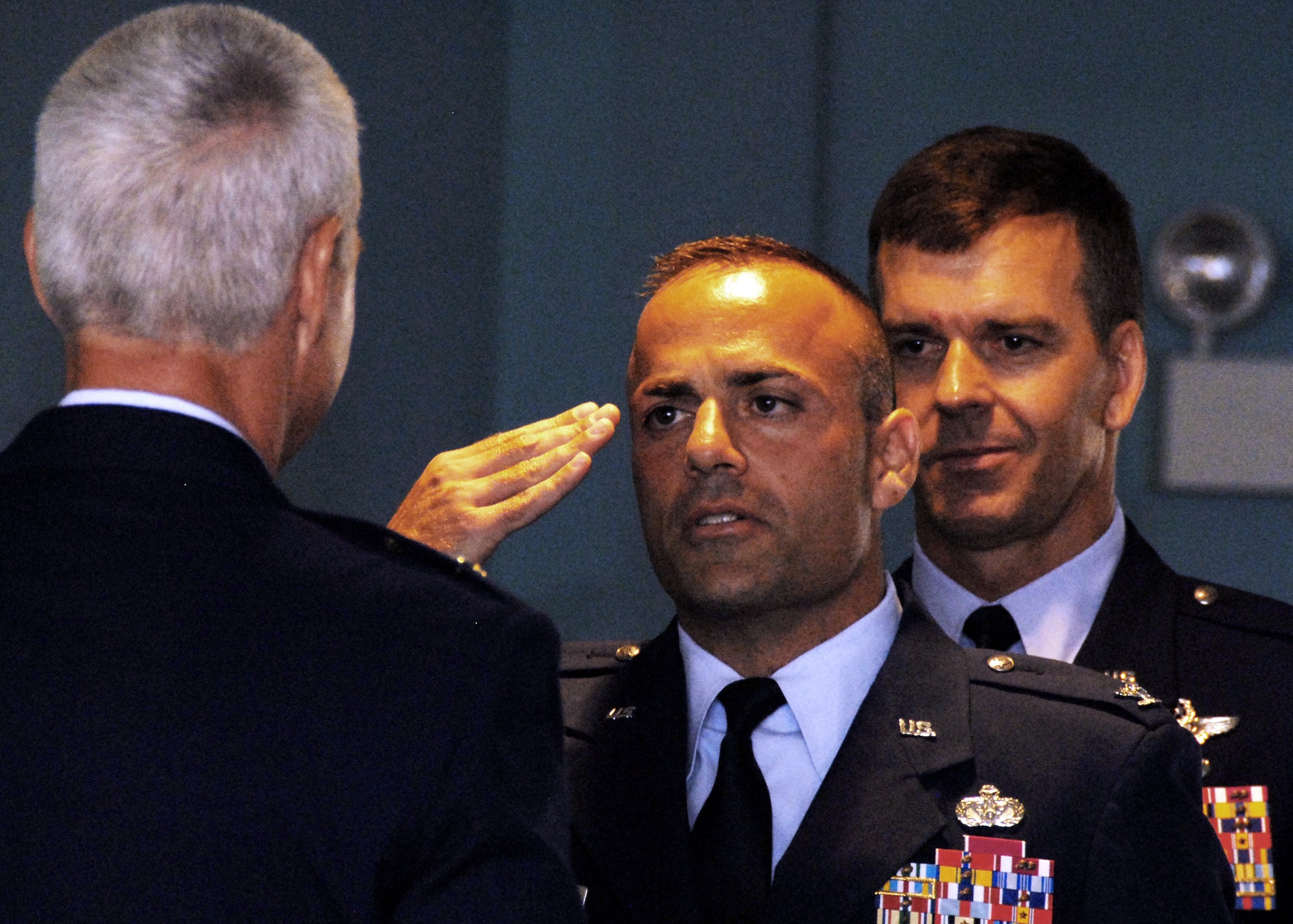 Col. Sal Nodjomian salutes upon accepting command of the 96th Air Base Wing during a ceremony July 8 at the officers club.  Colonel Nodjomian and his family arrive to Eglin Air Force Base, Fla., from Washington, D.C., where he was the Senior Military Assistant, Assistant Secretary of the Air Force, Installations, Environment and Logistics.  (U.S. Air Force photo/Samuel King Jr.)