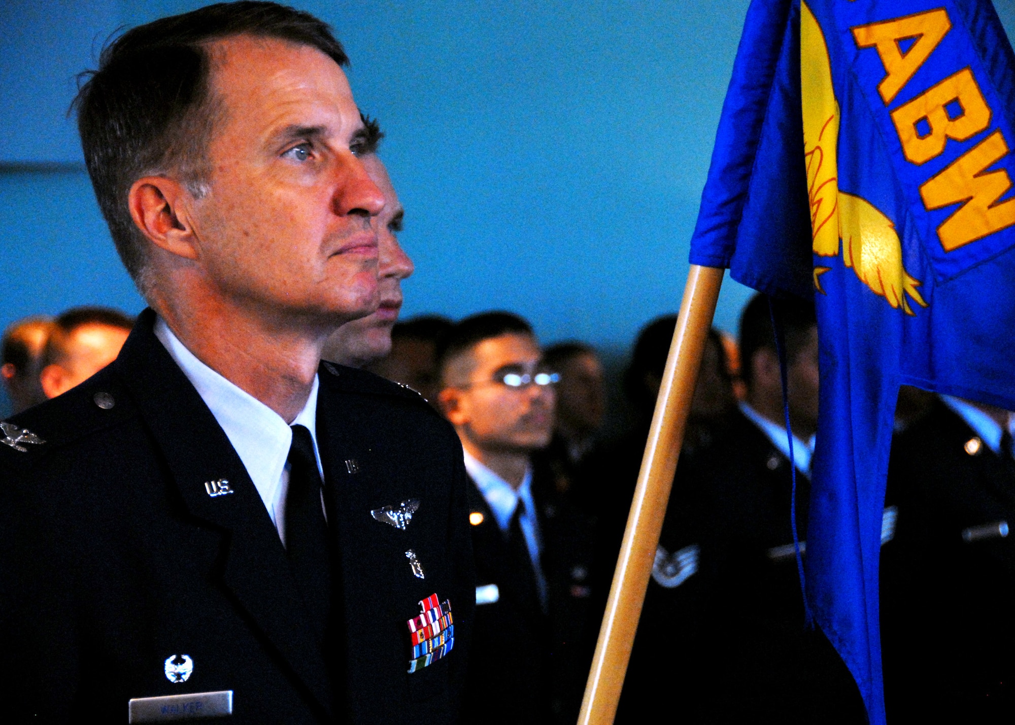 Colonel Gary Walker stands in front of his flight, representing the 96th Medical Group, during the 96th Air Base Wing change of command ceremony July 8.  Col. Sal Nodjomian took command of the wing from departing commander, Col. Bruce McClintock.  (U.S. Air Force photo/Samuel King Jr.)