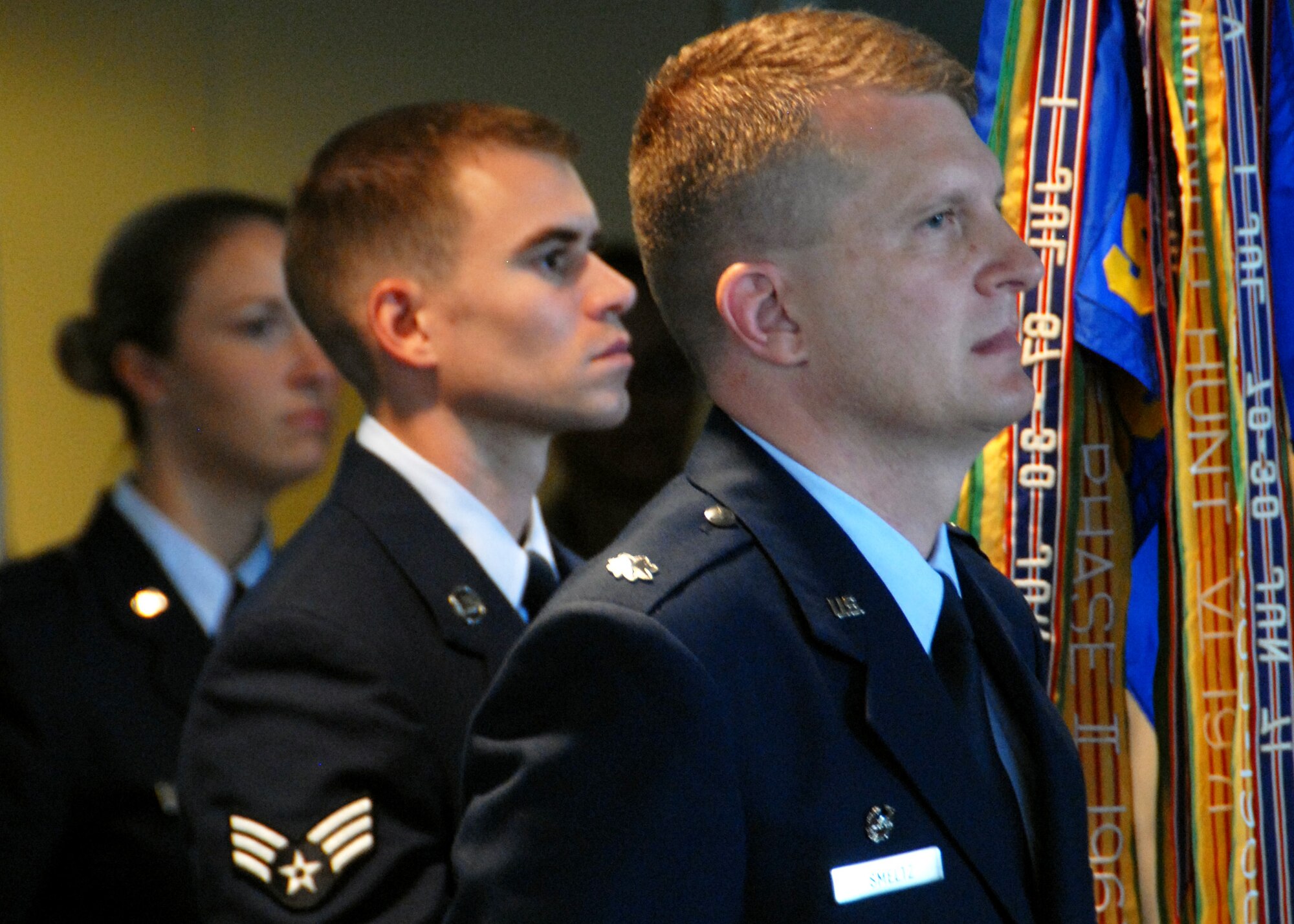 Lt. Col. Stamatis Smeltz stands in front of his flight, representing the 96th Communication Group, during the 96th Air Base Wing change of command ceremony July 8.  Col. Sal Nodjomian took command of the wing from departing commander, Col. Bruce McClintock.  (U.S. Air Force photo/Samuel King Jr.)