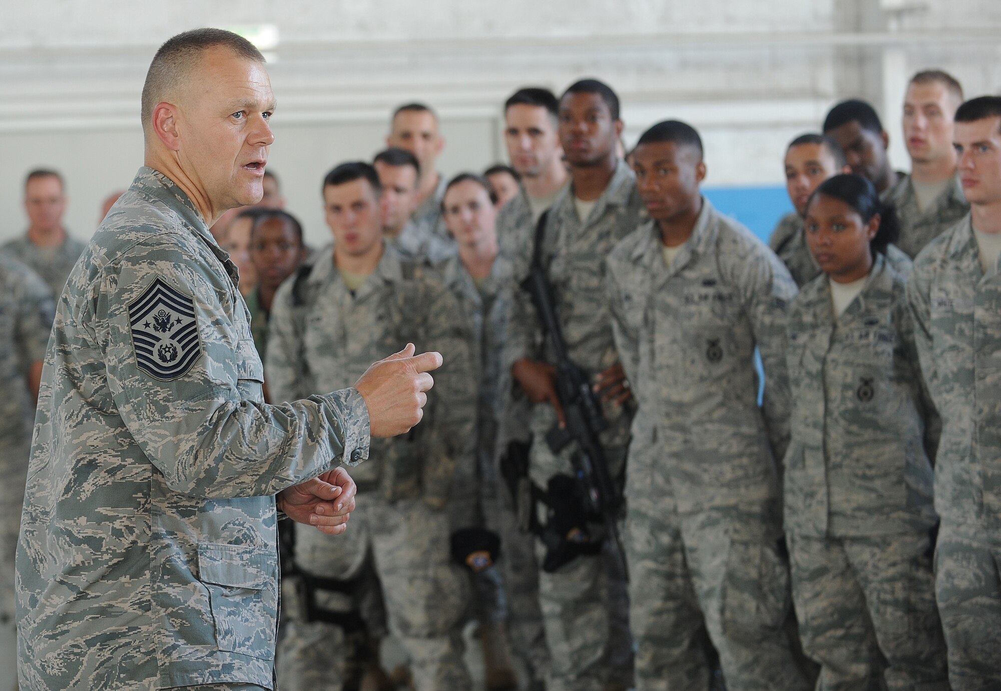 SPANGDAHLEM AIR BASE, Germany – Chief Master Sgt. of the Air Force James Roy speaks to Airmen from the 52nd Fighter Wing about goal setting and “being the best Airman and technician you can be,” during a tour of the base July 8. Chief Roy visited the 52nd Fighter Wing to see firsthand how U.S. Air Forces in Europe Airmen contribute to the fight while partnering with joint and coalition forces worldwide. He and his wife, Paula Roy, visited various locations such as the 52nd Maintenance Group, the 52nd Civil Engineer Squadron, the 52nd Communications Squadron, the 52nd Security Forces Squadron and the 606th Air Control Squadron. (U.S. Air Force photo/Airman 1st Class Nick Wilson)