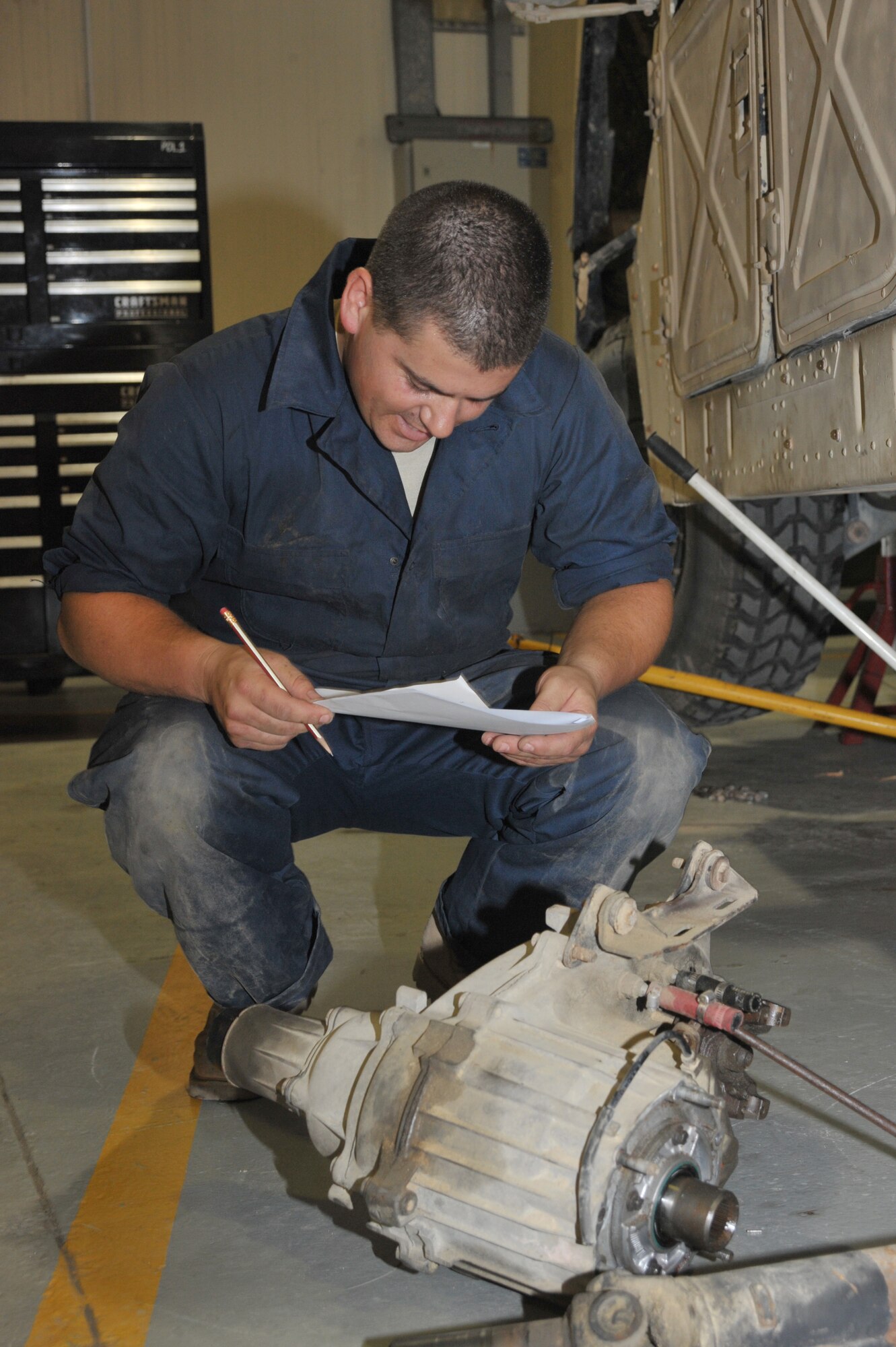 Tech. Sgt. Louis Dutra, 380th Expeditionary Logistics Readiness Squadron vehicle maintainer, checks the number on a Humvee part July 7 at an undisclosed location in Southwest Asia.  The maintainers are responsible for repairs and maintenance for over 230 vehicles. Sergeant Dutra is deployed from the Minnesota Air National Guard. (U.S. Air Force photo/ Tech. Sgt. April Wickes) 