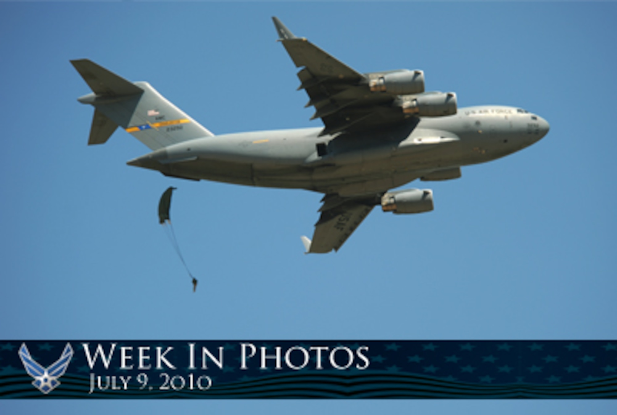 Air Force Week in Photos for July 9, 2010, highlights photos from around the Air Force. In this photo by Staff Sgt. Tim Chacon, a U.S. Army paratrooper jumps from a C-17 Globemaster III from Joint Base Charleston, S.C., during a joint forcible entry exercise. (U.S. Air Force photo illustration/Corey Parrish)