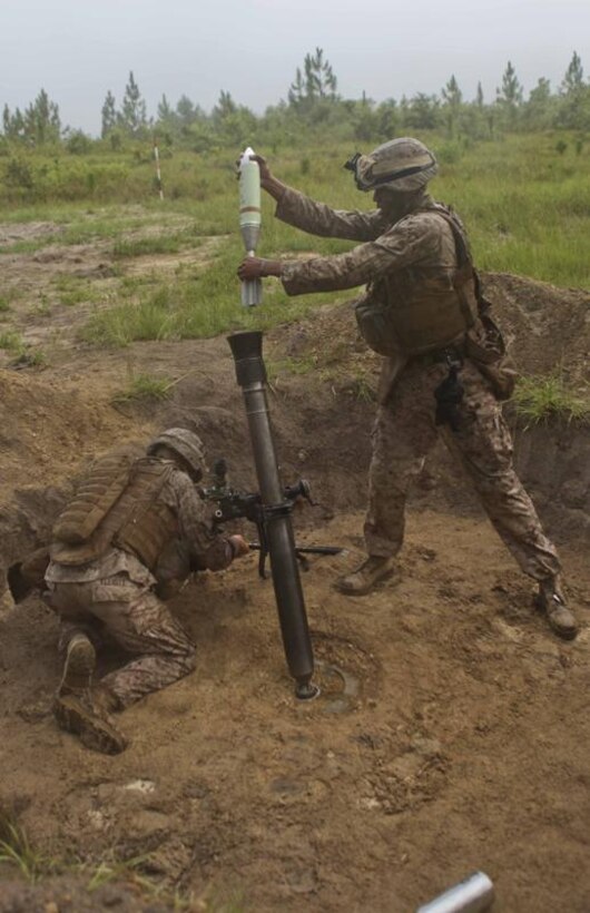 Marines with 81-mm Mortar Platoon, Weapons Company, Battalion Landing Team 3/8, 26th Marine Expeditionary Unit, fire a round during the Supporting Arms Coordination Exercise at Camp Lejeune, N.C., July 10, 2010. The live-fire exercise was designed to test communications and fire support coordination capabilities, while also building partnerships with foreign military members as part of "Operation Auriga '10", a bilateral exercise with the United Kingdom. (Official USMC photo by Cpl. Caleb Gomez/ Released)::r::::n:: ::r::::n::