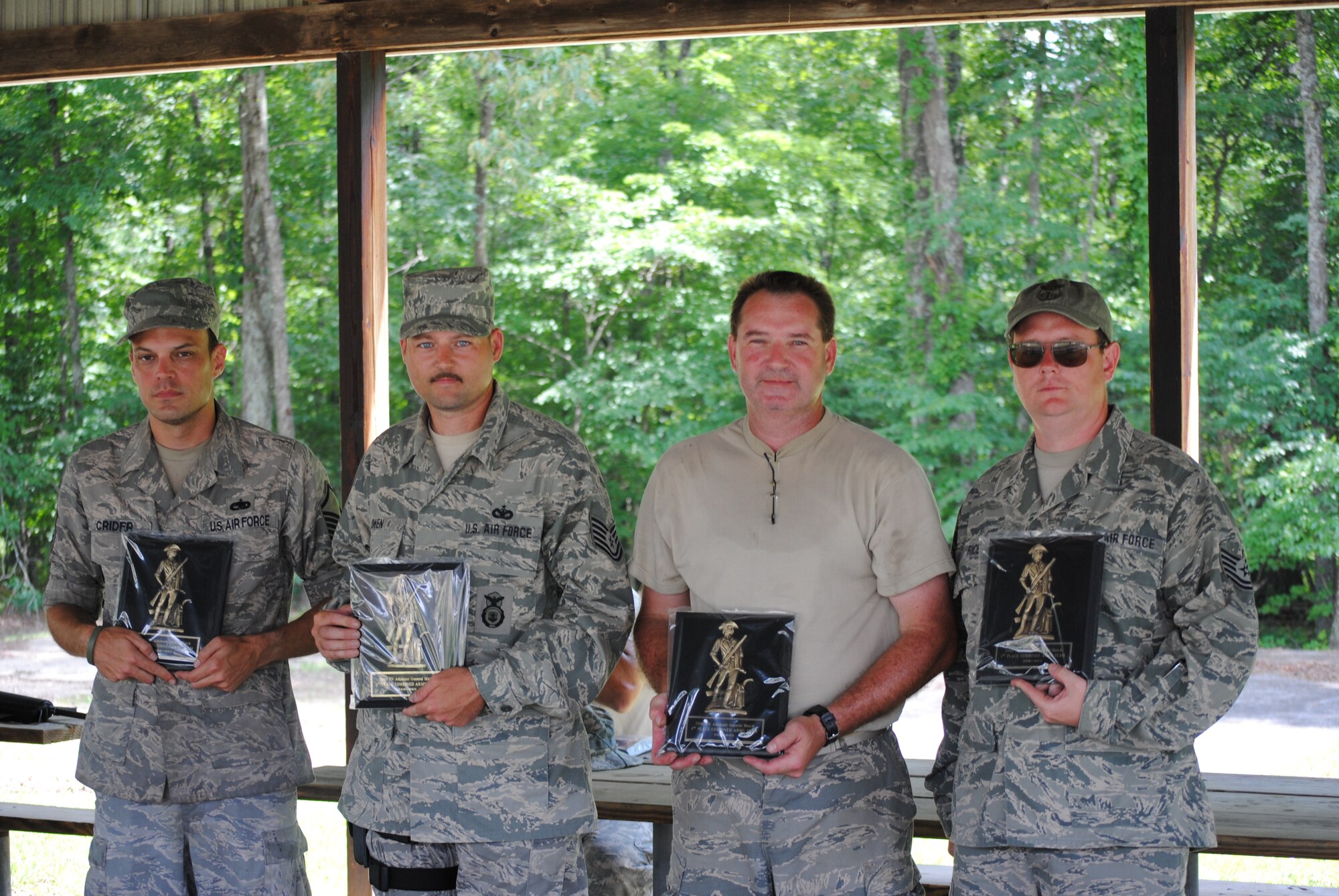 Master Sergeamnt Crider, Technical Sergeant Owen, Lt. Colonel Stiles and Technical Sergeant Rice of the 164AW hold their 1st place trophies after winning the overall team competition at the 2010 Tennessee National Guard Shooting Match.