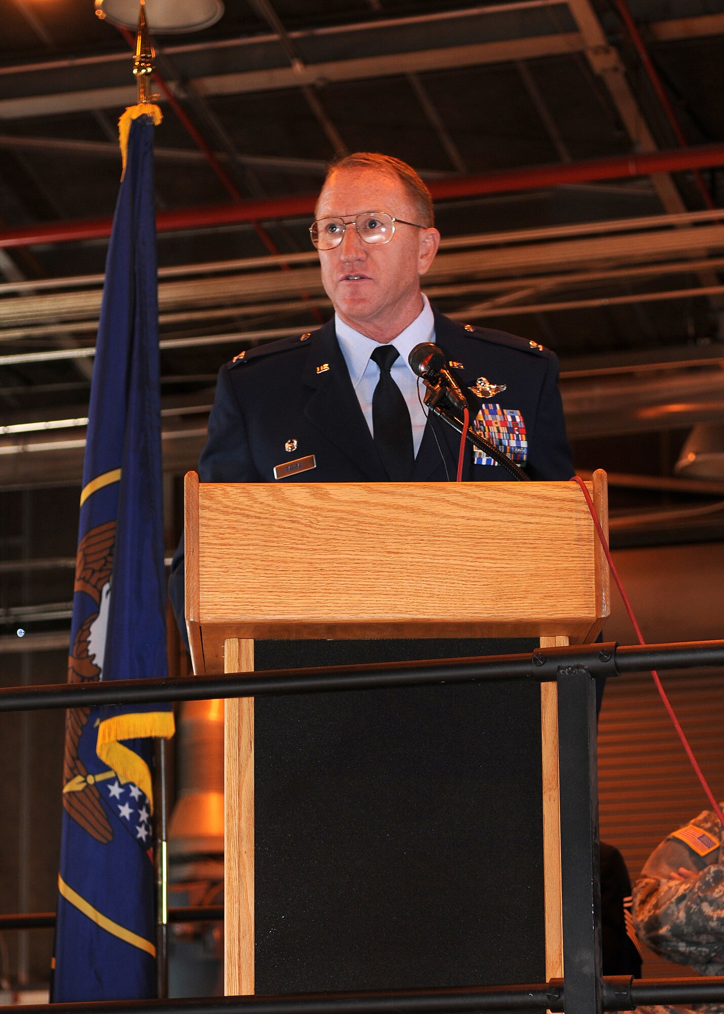 Colonel Samuel Ramsay III makes his first speech as the new commander of the 151st Air Refueling Wing, Utah Air National Guard, in a ceremony on July 10,2010, in Salt Lake City. (U.S. Air Force photo by MSgt Gary J. Rihn)