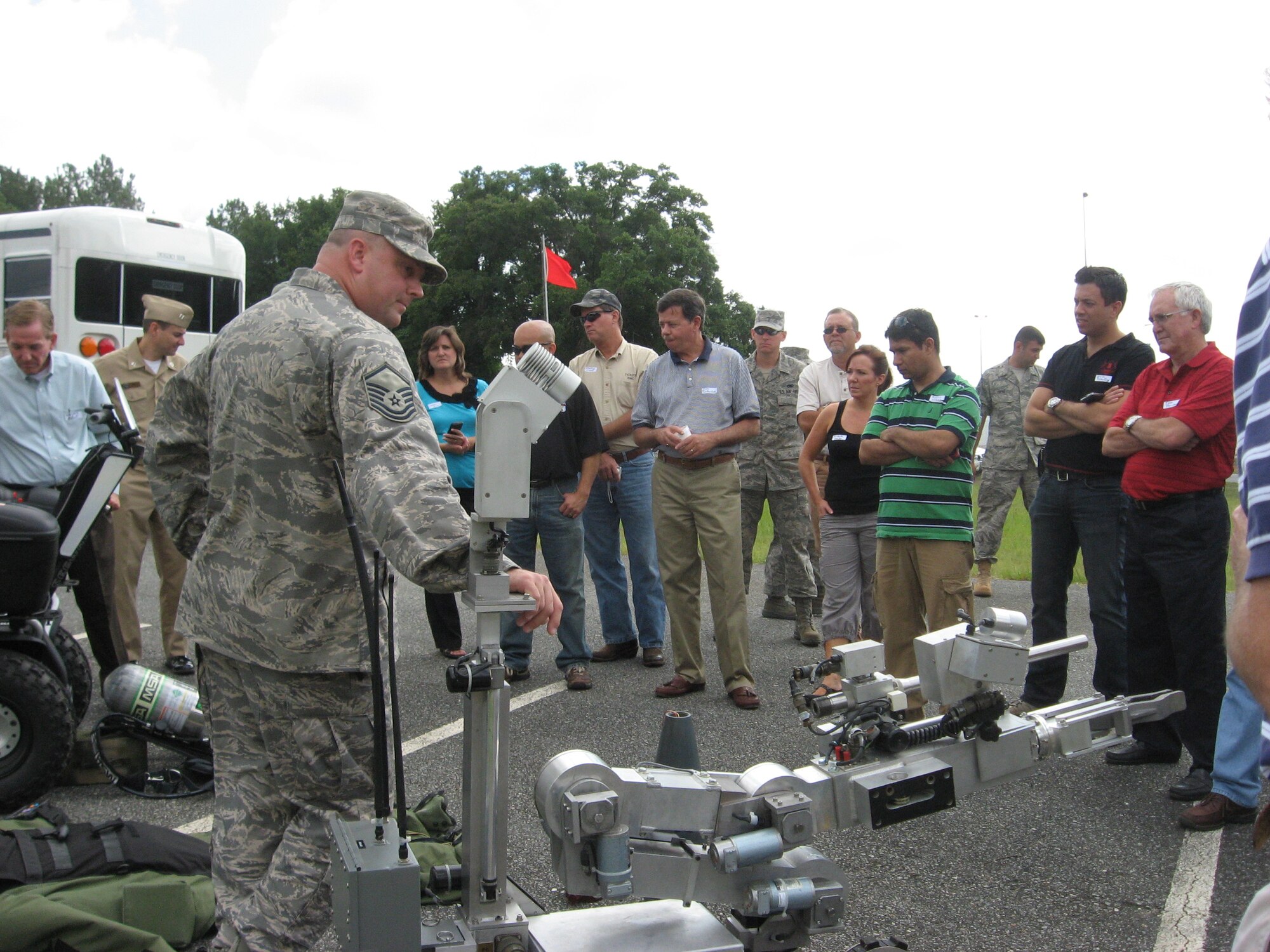 Master Sgt. Brad McKinney gives a briefing on capabilities of Air Force EOD (US Air Force photo by JD Markmann)