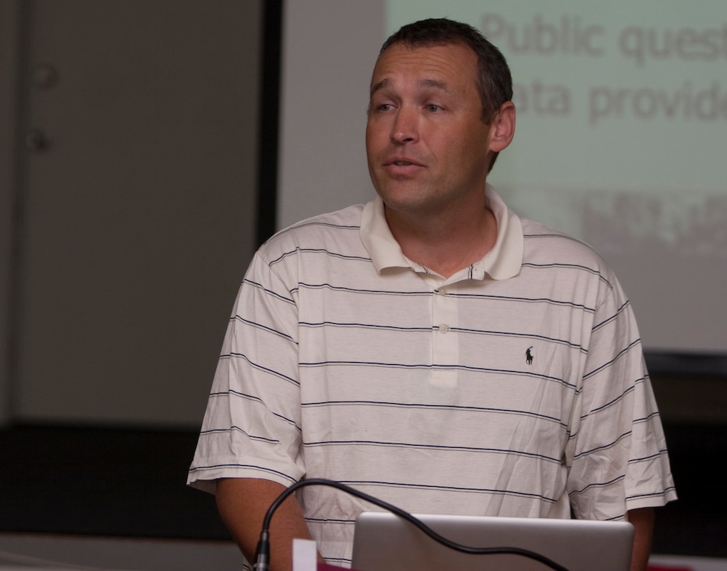 Kelly Damphousse, an associate professor with the University of Oklahoma’s Department of Sociology, gives his Evolution of Revolution Brief to dozens of service members and civilian personnel assigned to U.S. Marine Corps Forces, Pacific, and Pacific Command July 12 at MarForPac Headquarters, Camp H.M. Smith, Hawaii. The purpose of the training was to recognize vulnerabilities and trends associated with terrorism tactics and how they evolve over time.