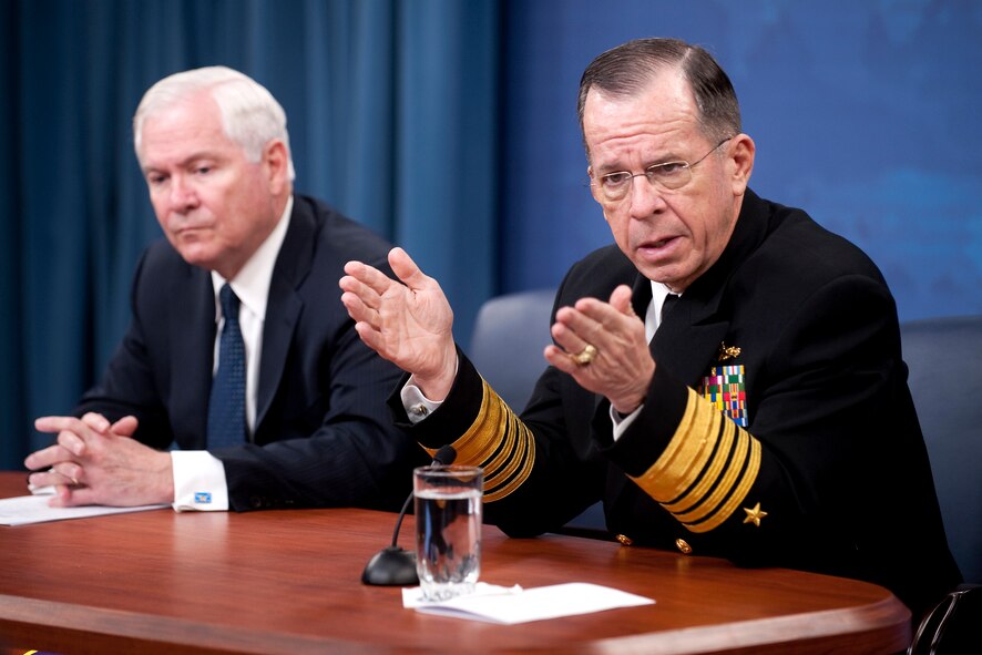 Secretary of Defense Robert M. Gates and Adm. Mike Mullen, chairman of the Joint Chiefs of Staff address the media during a press conference at the Pentagon on March 24, 2010. (DoD photo by Mass Communication Specialist Chad J. McNeeley/Released)