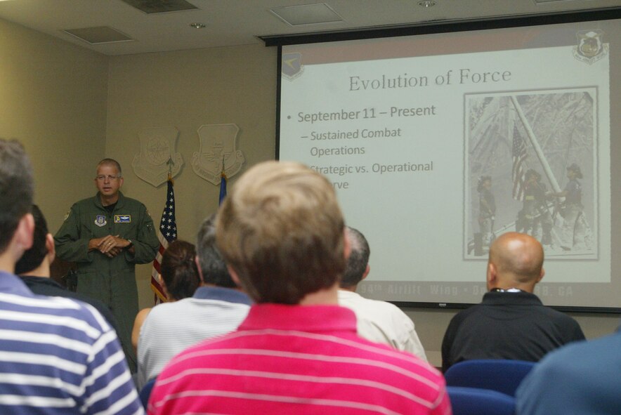Col. Timothy E. Tarchick, commander, 94th Airlift Wing, welcomes employers to Dobbins Air Reserve Base during the 2010 Employer's Day July 11. (U.S. Air Force photo/Don Peek)