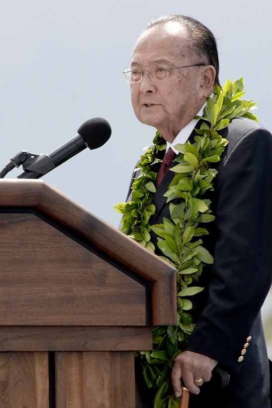 Senator Daniel K. Inouye speaks at the F-22 Raptor arrival ceremony July 9, 2010, at Joint Base Pearl Harbor-Hickam, Hawaii. Senator Inouye was there to usher in a new era between the Hawaii Air National Guard and active-duty Air Force. This is the first time an F-22 associate unit will be led by the Guard. (U.S. Air Force photo/Tech Sgt. Jerome S. Tayborn)