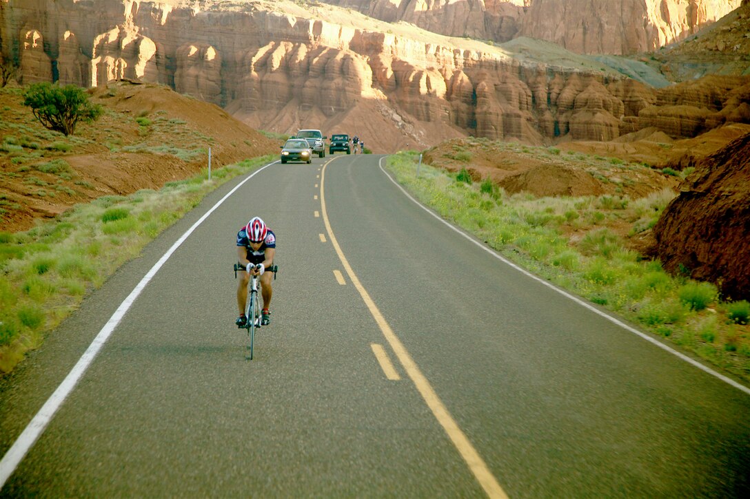 Staff Sgt. Marc Esposito nears the 1,000-mile mark in Utah during Sea to Shining Sea, a 4,000-mile bike ride which started at the Golden Gate Bridge in San Francisco and will end July 24, 2010. in Virginia Beach, Va. The goal of the ride is to honor the courage of our service men and women, recognize the strength of the American spirit and challenge perceptions of how we view athletes from the 21st Special Tactics Squadron, Pope Air Force Base, N.C,. (Courtesy photo/ Austin Smithard)
