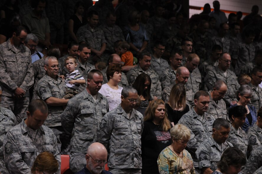 139th Airlift Wing members and their families gather for a Home Town Heroes ceremony July 11th, 2010. Members and their families were awarded plaques, coins and pens for deployments dating from 2001 until now. (U.S. Air Force photo by Master Sgt. Shannon Bond/Released)