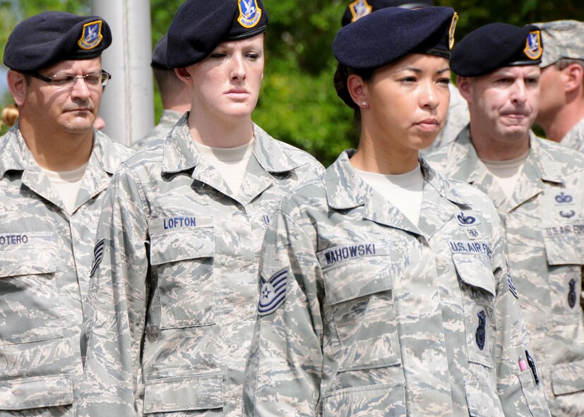 Members of the 919th Security Forces Squadron, march out after a flag-raising ceremony July 11 at Duke Field. (U.S. Air Force photo/Tech. Sgt. Samuel King Jr.)