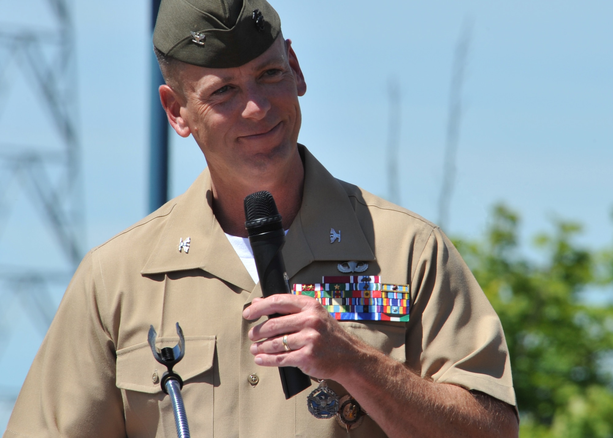 Marine Corps Colonel Pete Devlin says farewell to the men and women of the JIOCEUR Analytic Center at RAF Molesworth that he has commanded since June 2007.  Devlin spoke not of his own accomplishments, but rather those of the men and women he has been privileged to lead. Devlin is moving to the Marine Corps component of U.S. Joint Forces Command in Norfolk, Virginia.  U.S. Air Force photo by Staff Sgt. Javier Cruz.