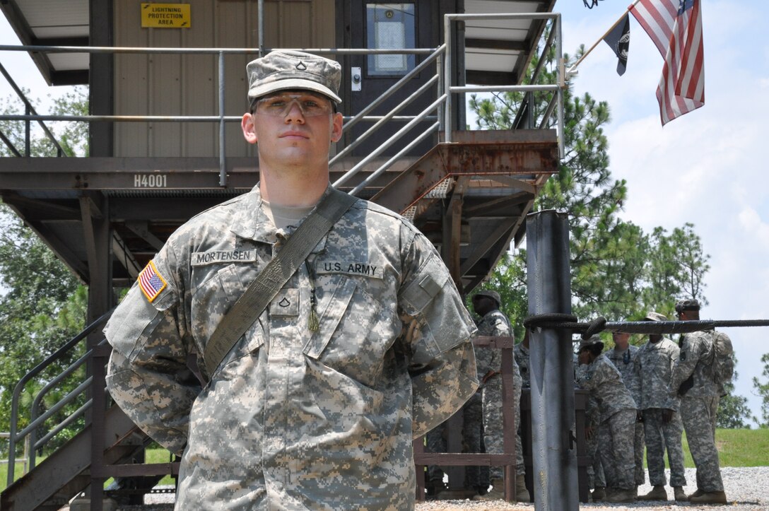 Army Pfc. Joseph Mortensen, a luge athlete, now spends his days with his fellow basic combat training soldiers of 1st Battalion, 34th Infantry Regiment at Fort Jackson, S.C. U.S. Army photo by Chris Rasmussen