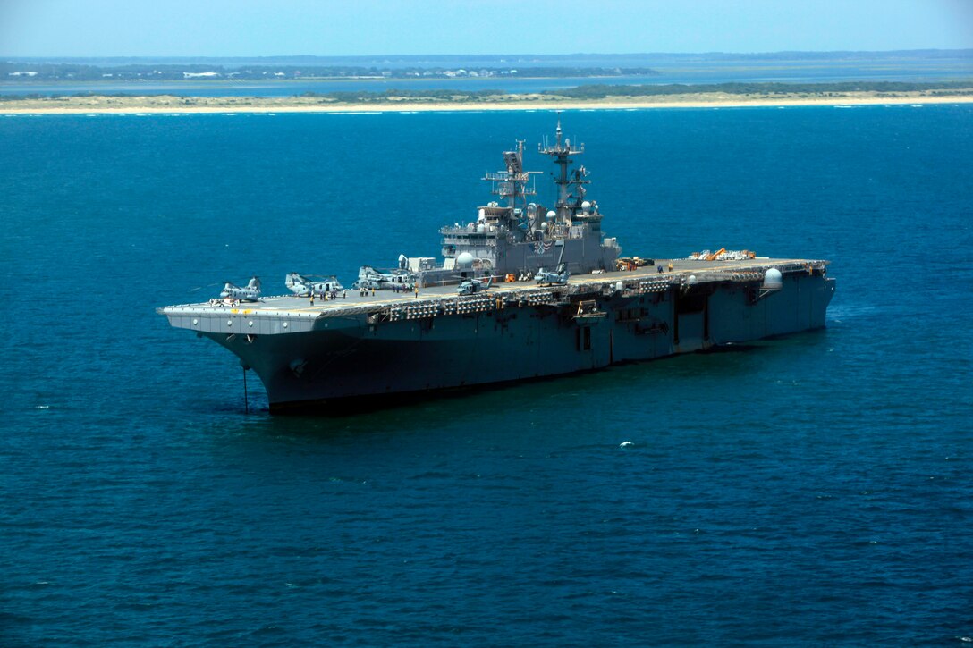 The USS Iwo Jima is anchored off the coast of North Carolina, July 13. Marines and Sailors are loading the ship in preparation for the Continuing Promise to provide humanitarian assistance and disaster relief efforts during the hurricane season.