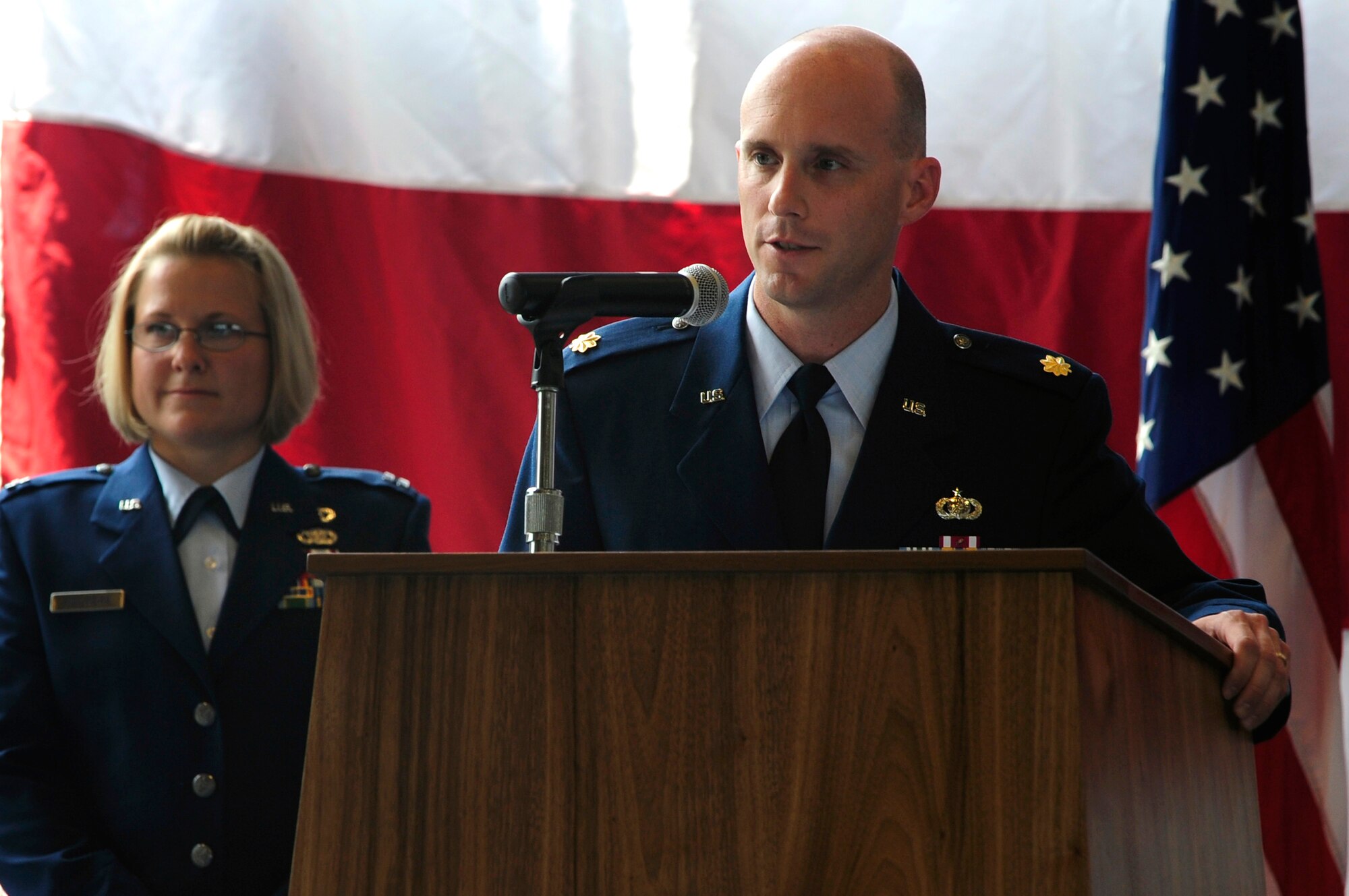 ELLSWORTH AIR FORCE BASE S.D. – Maj. Erik Dunn, 28th Comptroller Squadron commander addresses his squadron after assuming command, July 12.  Major Dunn described his leadership goal as threefold, "the objectives of the 28 CPTS are to resource squadrons by making sure they have everything they need, to focus on supporting Airmen and to deploy ourselves." (U.S. Air Force photo/Staff Sgt. Marc I. Lane)