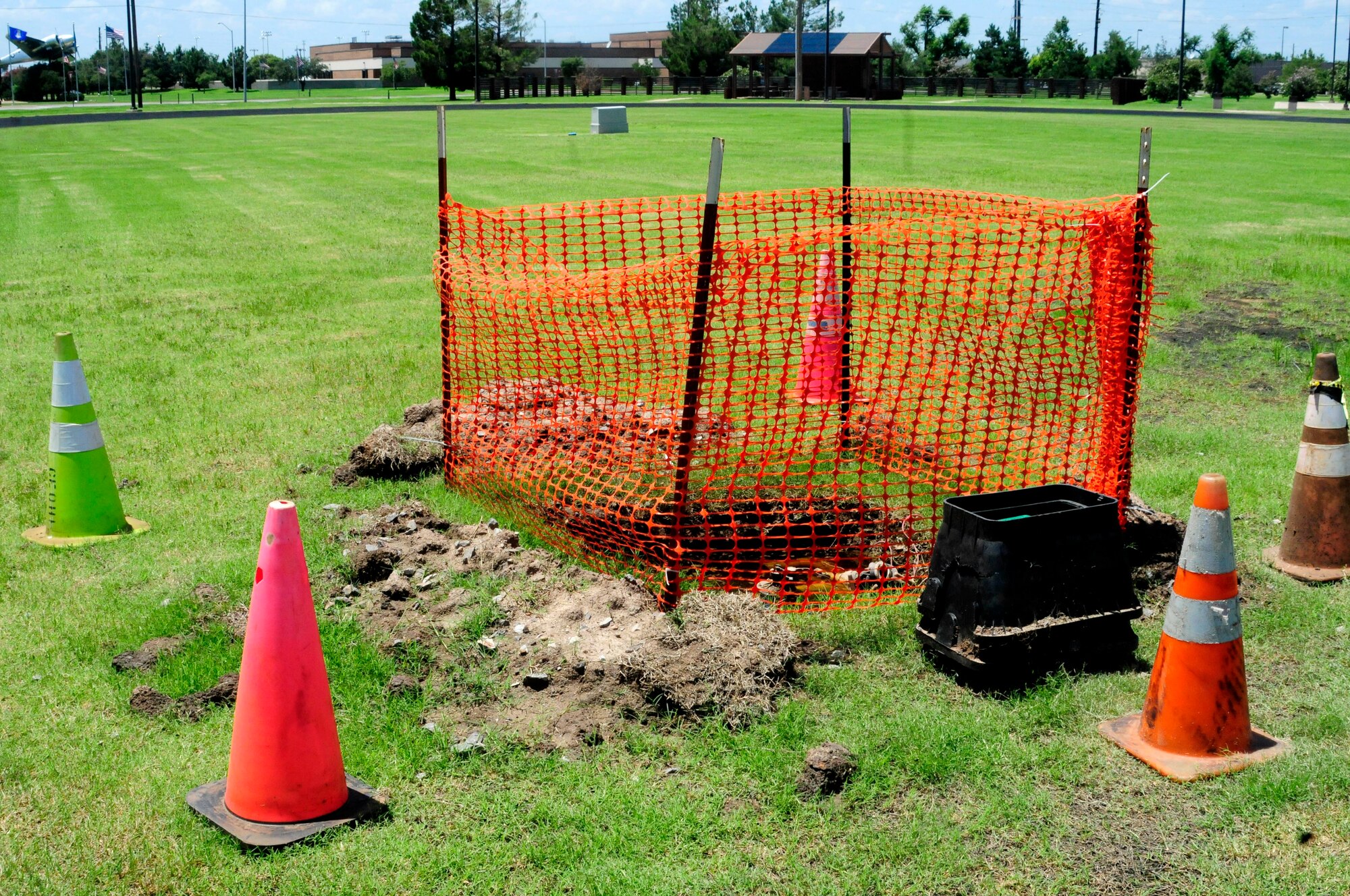 Altus AFB, Okla.- Altus' running track is closed until mid to late September due to a 90-day construction project intended to provide for better drainage and permit use of the infield for team sports such as soccer and football. The project is led by Jacquelyn Henderson, project manager 97 Civil Engineer Squadron (U.S. Air Force photo by Airman 1st Class Myles Stepp/ Released 97 Air Mobility Wing Public Affairs)  