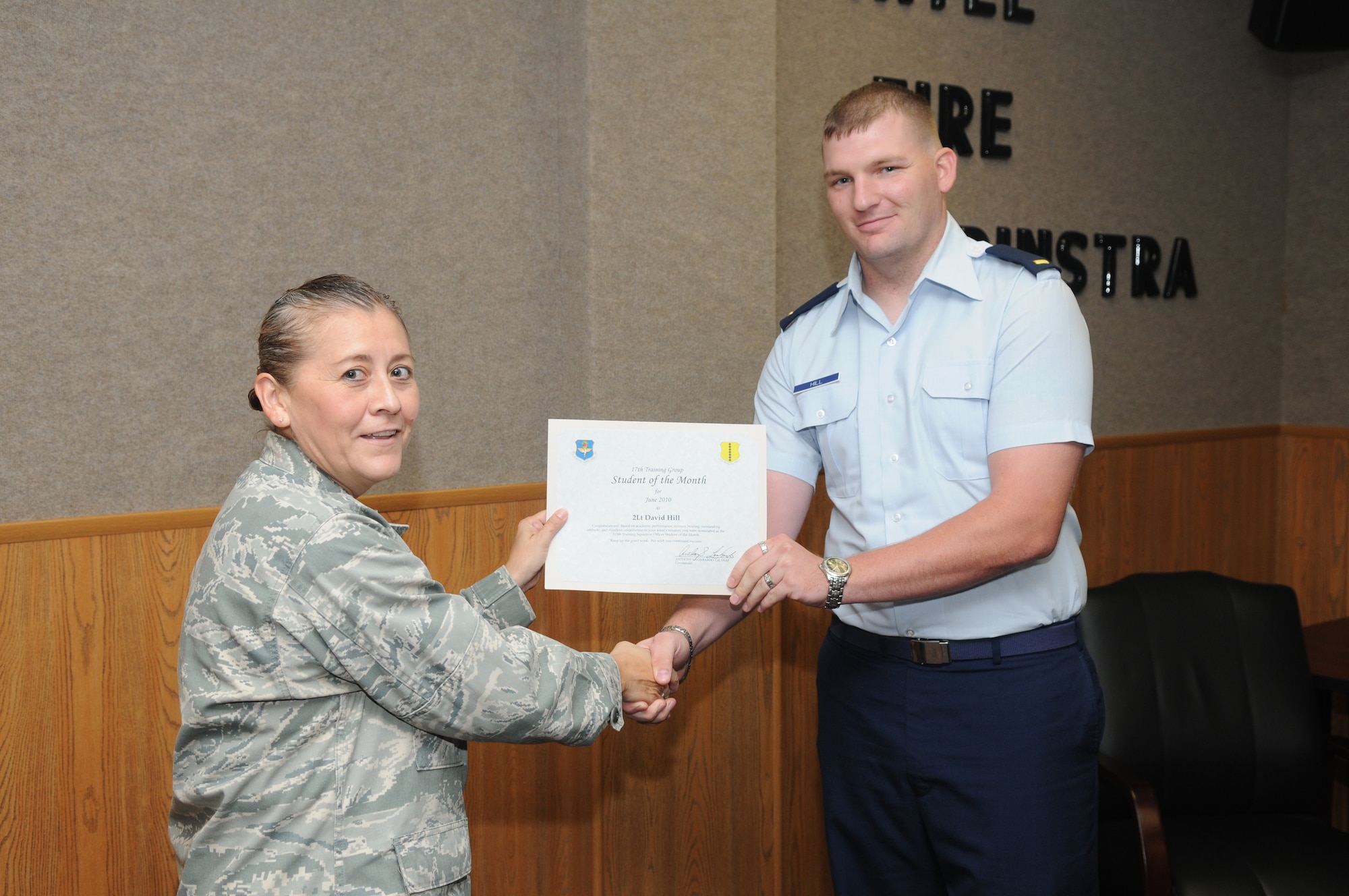 2nd Lt. David Hill, 315th Training Squadron officer student of the month, July 9, 2010. (U.S. Air Force photo/Airman 1st Class Clayton Lenhardt)