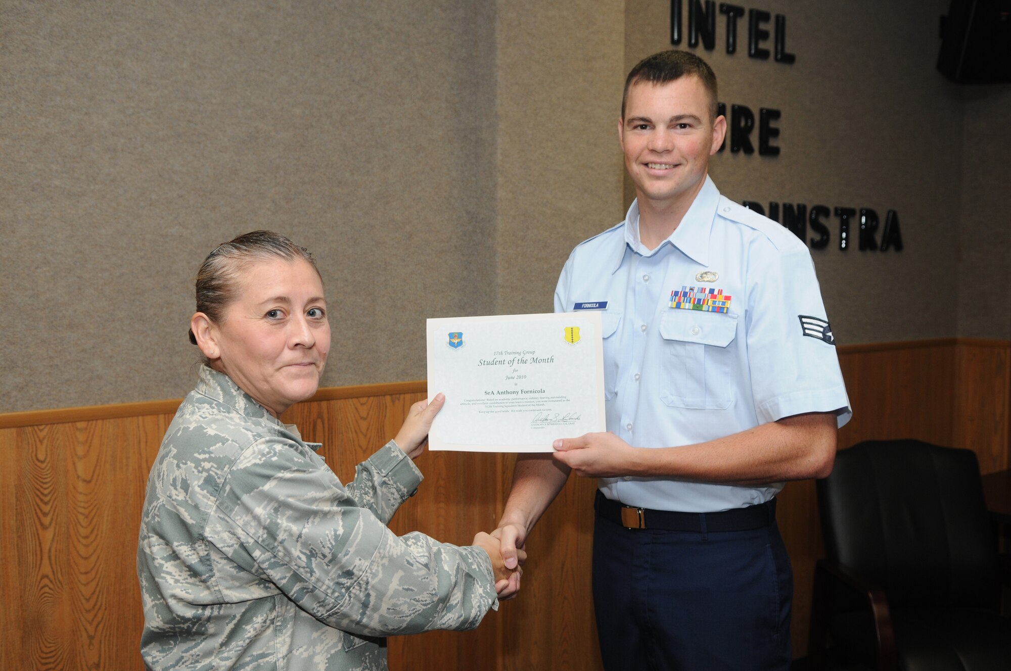 Senior Airman Anthony Fornicola, 312th Training Squadron student of the month, July 9, 2010. (U.S. Air Force photo/Airman 1st Class Clayton Lenhardt)