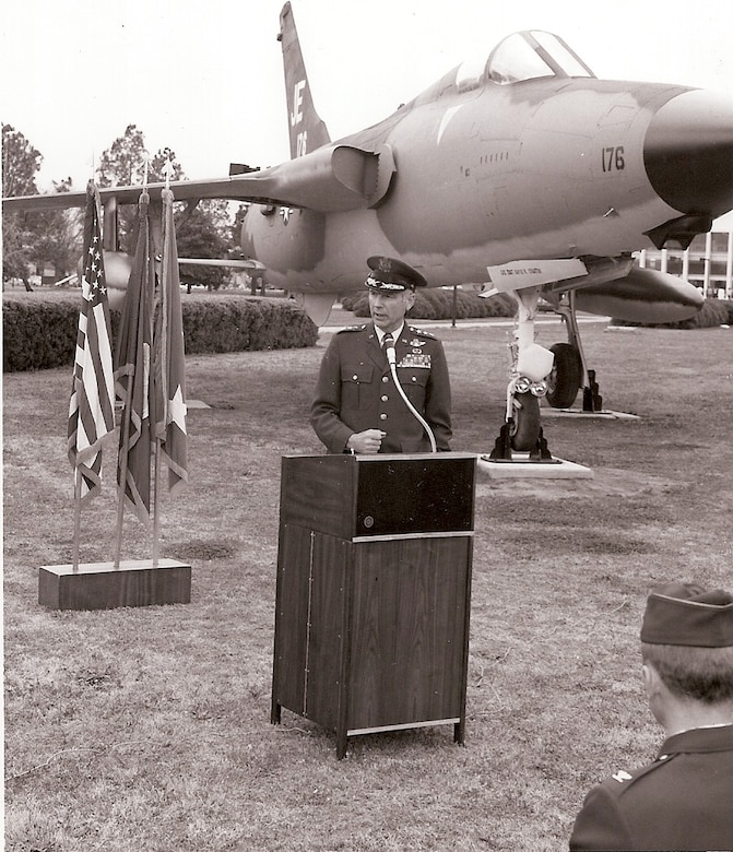 Then Air University commander Lt. Gen. Charles Cleveland speaks at the opening ceremony of Maxwell's Air Park. The air park was founded April 1983 and is located on Academic Circle. (File photo)