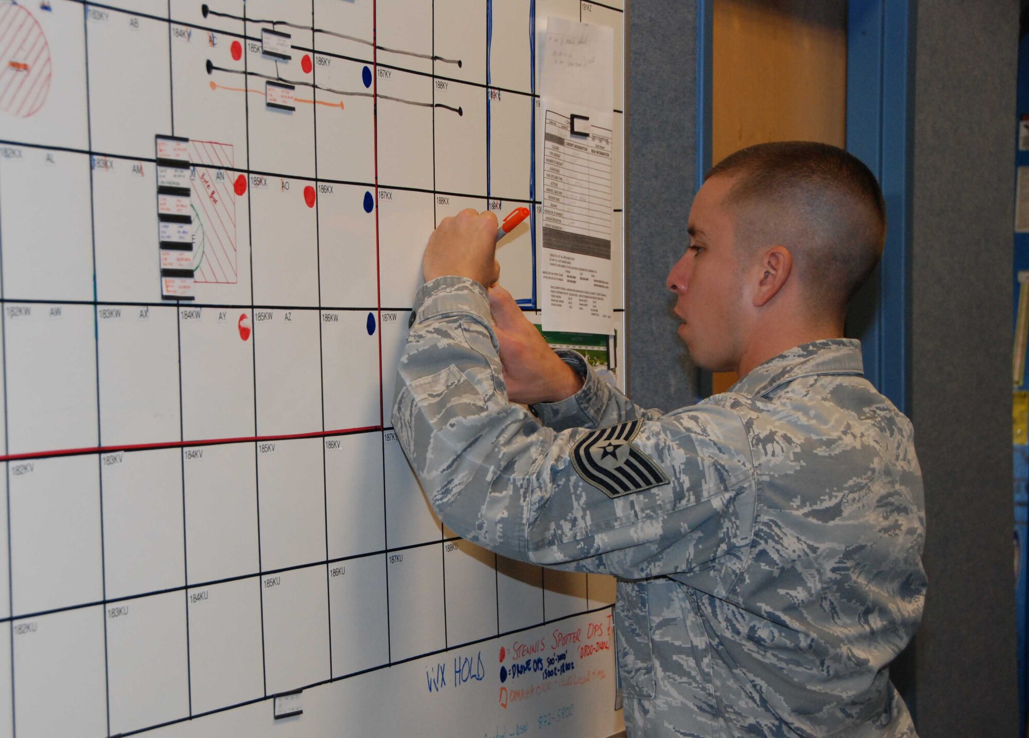 Tech. Sgt. Charles Holbert, Aviation Coordination Command airspace manager, charts and collates airspace information on the numerous air-based platforms that are operating in the temporary flight restriction area over the Deepwater Horizon oil spill.  The Aviation Coordination Command is operating out of the 601st Air & Space Operations Center at Tyndall AFB, Fla.