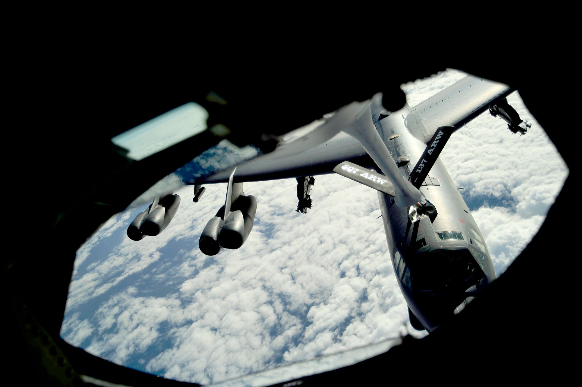 A B-52 Stratofortress receives fuel from a KC-135 Stratotanker in support of exercise Rim of the Pacific July 10, 2010, over the Pacific Ocean.  The international exercise includes more than 14 nations, 32 ships, five submarines, more than 170 aircraft and more than 20,000 Soldiers, Sailors, Marines and Airmen.  (U.S. Air Force photo/Staff Sgt. Kamaile O. Long)