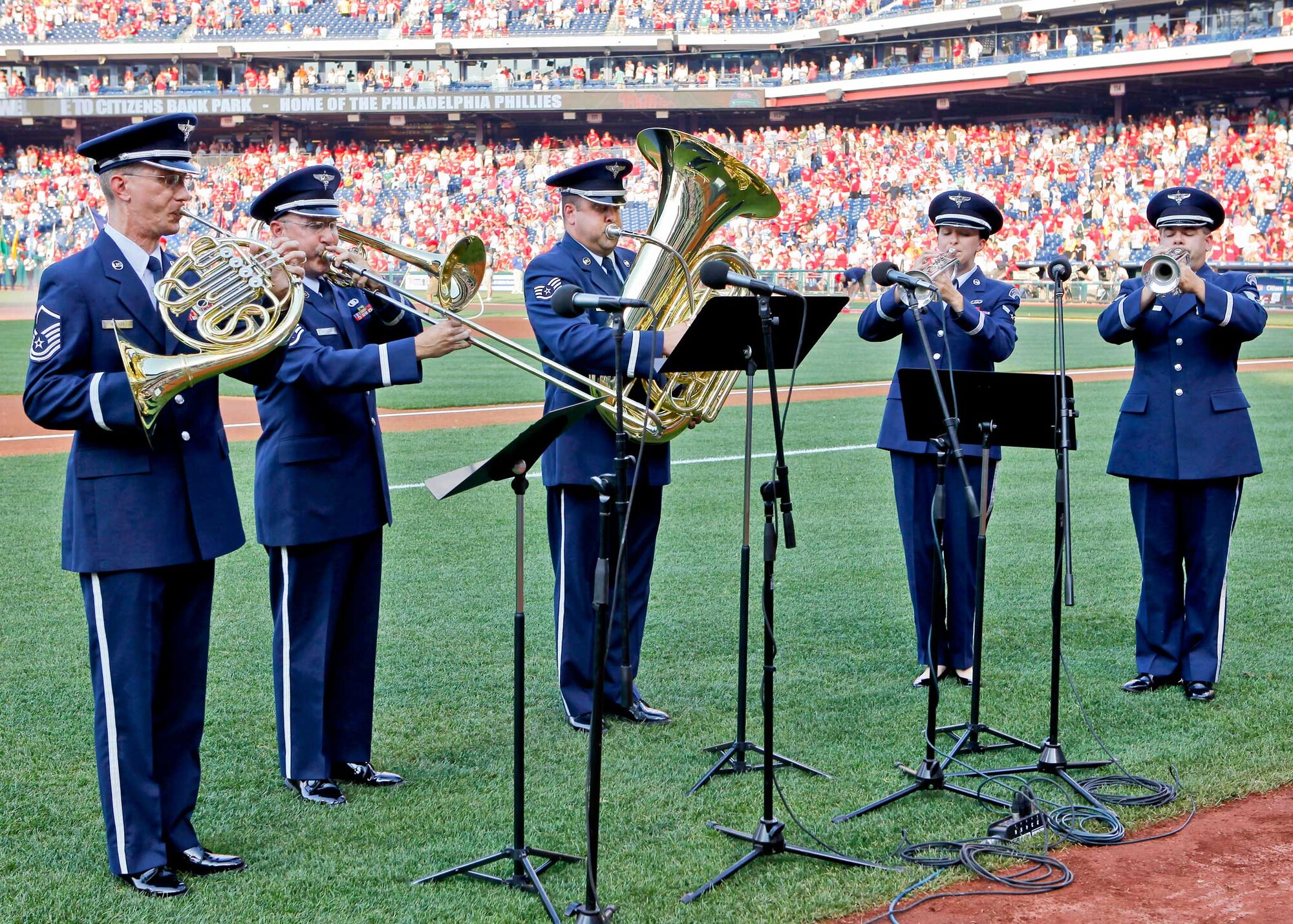 Brass in Blue, performed the National Anthem on July 5, 2010 at the Philadelphia Phillies and Atlanta Braves game at Citizens Bank Park.  Thanks to SGT Stephen Gober for the photograph.