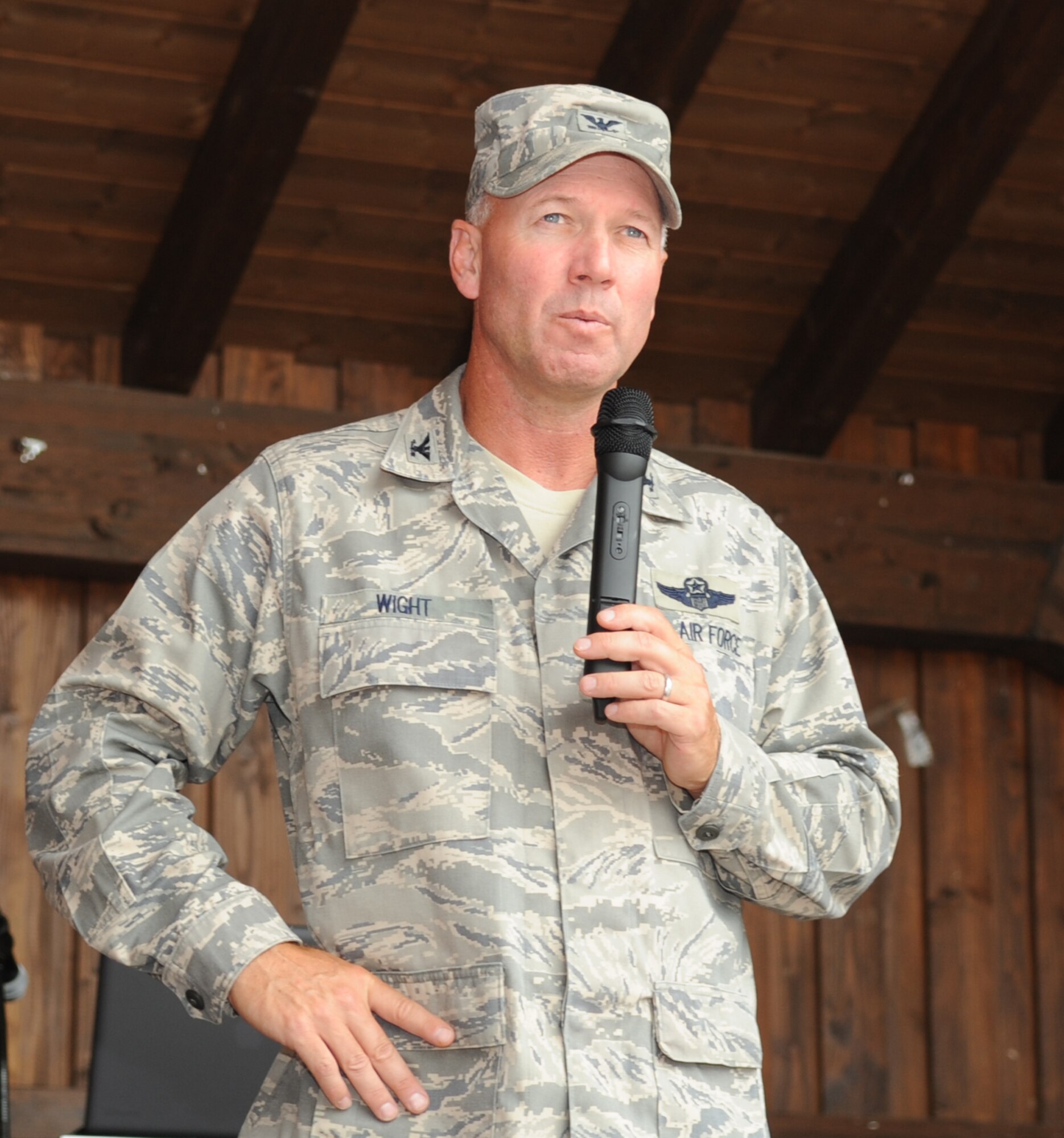 SPANGDAHLEM AIR BASE, Germany -- Col. Tip Wight, 52nd Fighter Wing commander, gives a speech about how well the Sabers performed during the 2010 USAFE ORI during a recognition barbecue July 9. The wing earned an overall excellent rating on the inspection, which was designed to test a unit's ability to respond to contingency operations. (U.S. Air Force photo/Airman 1st Class Nick Wilson)