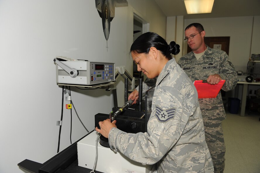 SEYMOUR JOHNSON AIR FORCE BASE, N.C -- Staff Sgt. Tinna Taylor calibrates a torque wrench while Staff Sgt. Gary Holifield reviews the process here July 8, 2010.  Every technician performs two process review inspections annually to ensure adherence to technical data and procedural instructions. Sergeant Taylor is assigned to the 4th Component Maintenance Squadron as a test measurement and diagnostic equipment technician, and hails from Pacifica, Calif. Sergeant Holifield is assigned to the 4th CMS, TMDE flight laboratory quality program evaluator, and is a native of Ozark, Ala. (U.S. Air Force photo/Senior Airman Gino Reyes)