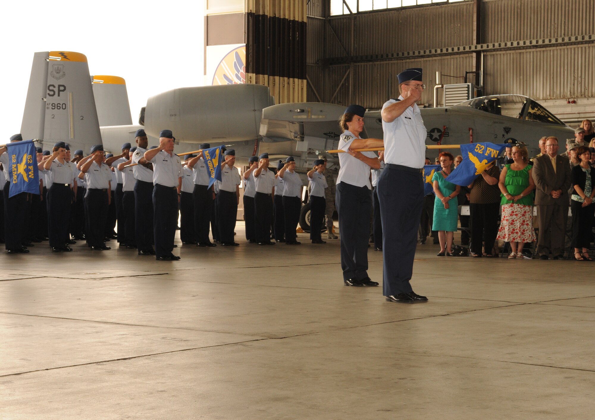 SPANGDAHLEM AIR BASE, Germany – Members of the 52nd Fighter Wing render their first salute to Col. Christopher Weggeman, incoming commander, during a change of command ceremony July 13. Colonel Weggeman took command from Col. Tip Wight, who will be assigned to the Pentagon. (U.S. Air Force photo/Staff Sgt. Benjamin Wilson)