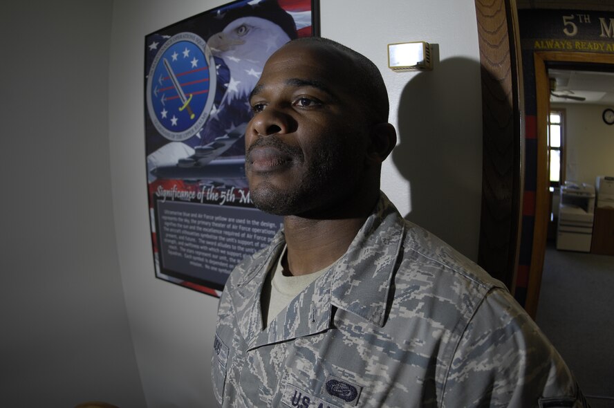 MINOT AIR FORCE BASE, N.D. -- Tech. Sgt. Jelani H. Brooks, 5th Maintenance Operations Squadron unit training manager, joined the Air Force in May 1995 to become a firefighter. He is from Compton, Calif. In addition to working toward finishing his degree, Sergeant Brooks ensures all his Airmen are up-to-date on their training so they may be world-wide deployable. (U.S. Air Force photo by Senior Airman Benjamin Stratton)