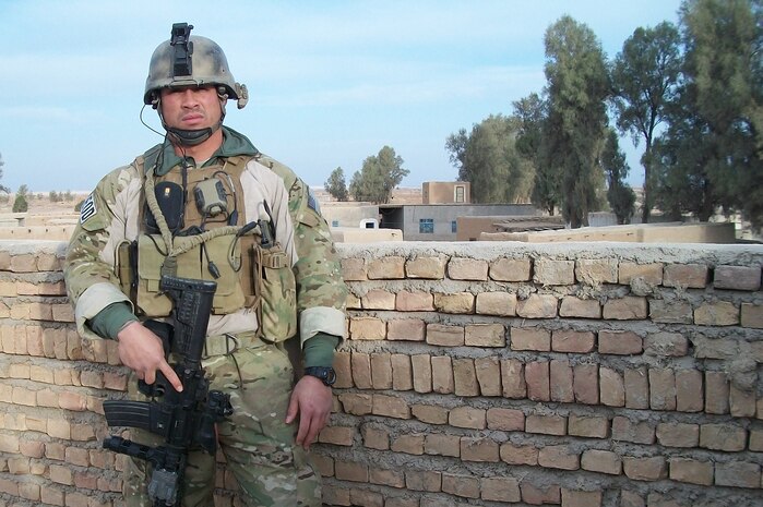 Staff Sgt. Christopher Ferrell is pictured here during his last deployment to the Middle East. Sergeant Ferrell is part of the small Air Force explosive ordnance disposal career field that, despite their size, leave a large footprint overseas. The main focus of an EOD technician in the theater is rendering safe any type of explosive device. Sergeant Ferrell is an EOD technician with the 628th Civil Engineer Squadron. (Courtesy Photo)