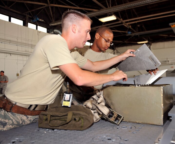 100709-F-4406D-015 SHAW AIR FORCE BASE, S.C.--    Staff Sgt. Michael Delucy and Airman 1st Class Marcus Mitchell from the 77th Aircraft Maintenance Unit "Gamblers" search for the necessary pieces needed for the air-intercept missiles during the Weapons Load Crew Competition in Hanger 611, July 9, 2010. In the second Weapons Load Crew of the Quarter competition this year, two crews competed to become eligible for the Load Crew of the Year and to showcase the Tech. Sgt. Charles D. Lockwood Memorial trophy. (U.S. Air Force photo/ Airman 1st Class Tabatha L. Duarte)