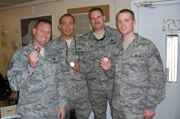 Master Sgt. Scott Palfreyman, back, is the first sergeant for the 732nd Expeditionary Intelligence Squadron and travels around Iraq visiting his Airmen to ensure they are taken care of. His Airmen are filling Joint Expeditionary Taskings, which require Sergeant Palfreyman to travel throughout more than 30 locations in Iraq. At home station Sergeant Palfreyman is the first sergeant for the 628th Force Support Squadron.